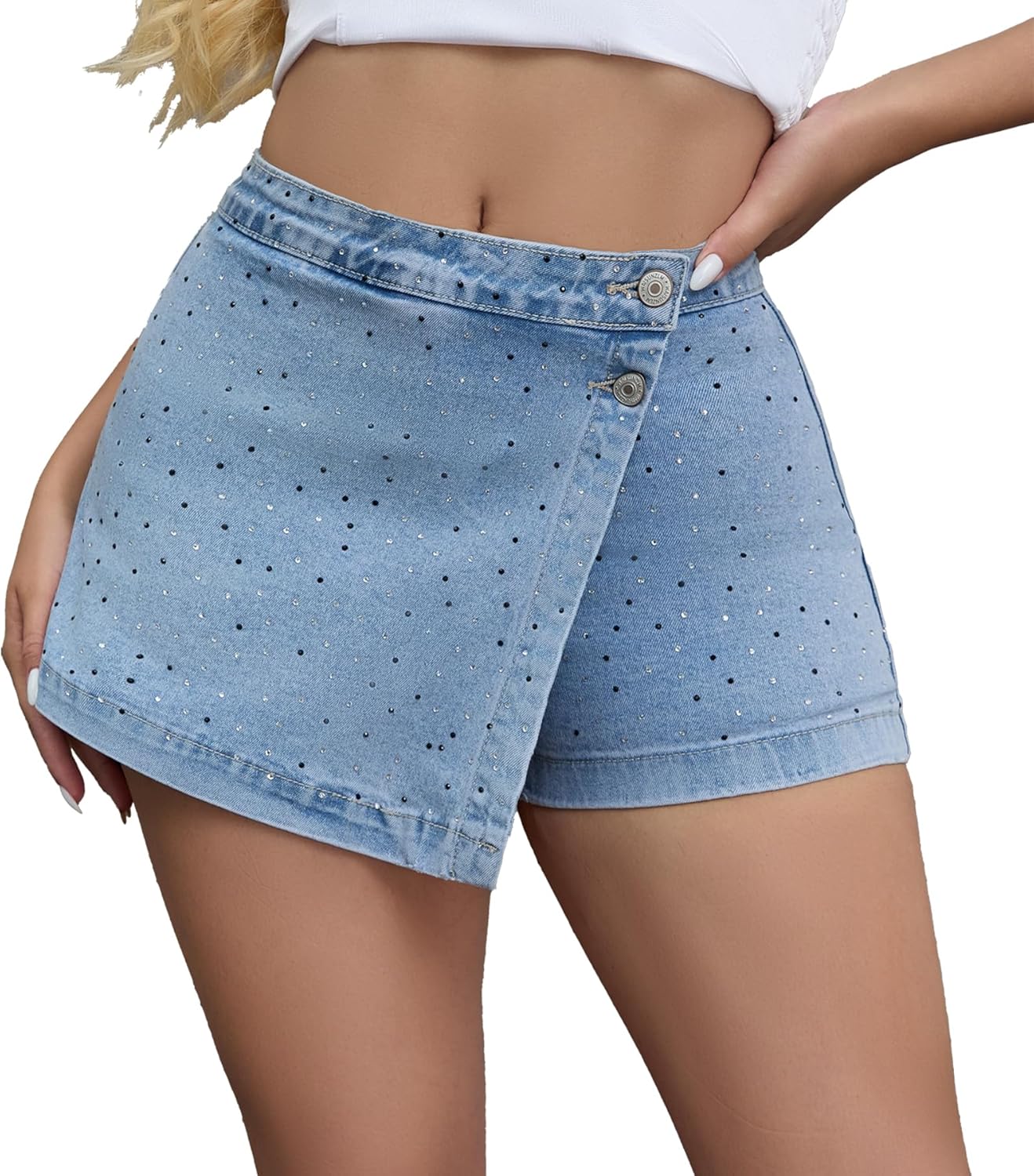 Women's Denim Skorts High Waisted Stretchy Skirts with Shorts, Asymmetrical Jean Short for Concert
