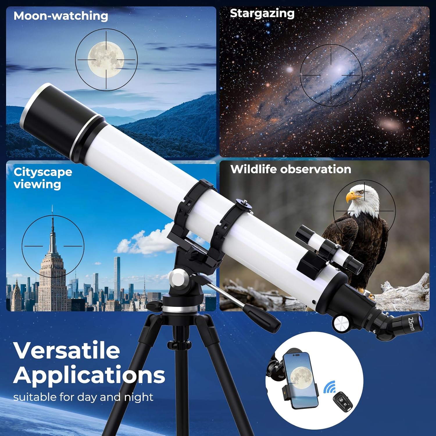 Telescope for Adults High Powered, 90mm Aperture (36X-270X) 900mm Focal Length Refractor Astronomy Telescopes for Planets and Stars, Professional Telescopio with Bag, Phone Adapter, Tripod - Image 6