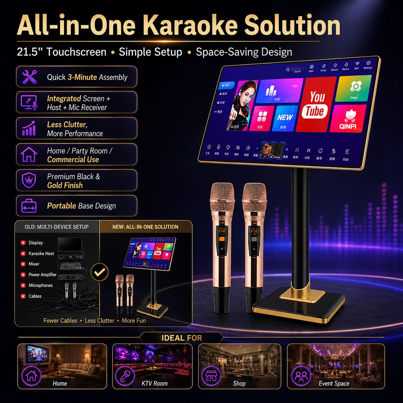 Sistema Karaoke all-in-One da 21,5 Pollici con 2 Microfoni Wireless, Doppio Sistema Android, WiFi, Elaborazione Audio Dsp, Controllo Vocale E App per Casa E Uso 8TB