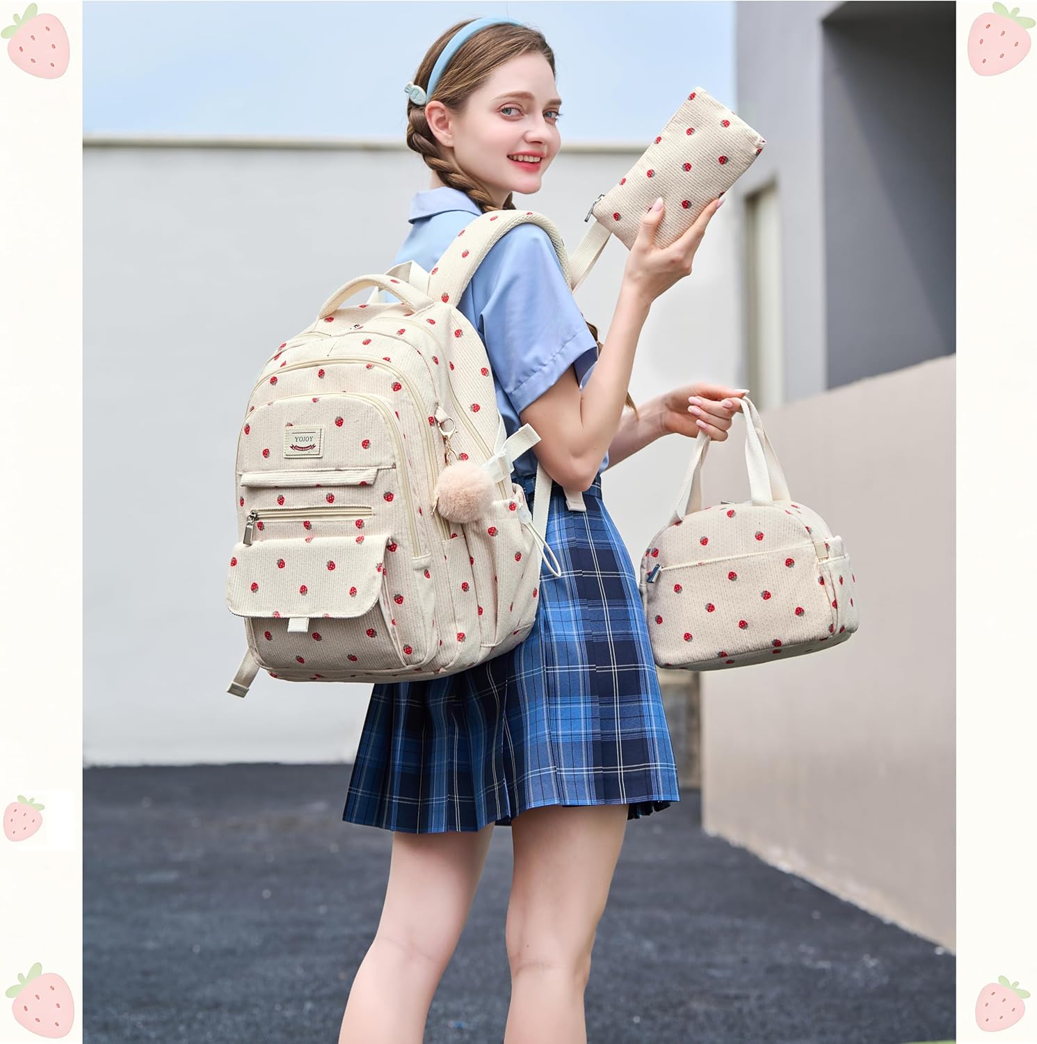 School Backpack for Girls,3PCS Corduroy Kids Backpack Set with Lunch Box & Pencil Pouch,15.6 Inch Laptop Teen Girls School Bag Travel Daypack for Elementary Middle High College（Beige Strawberry Set）