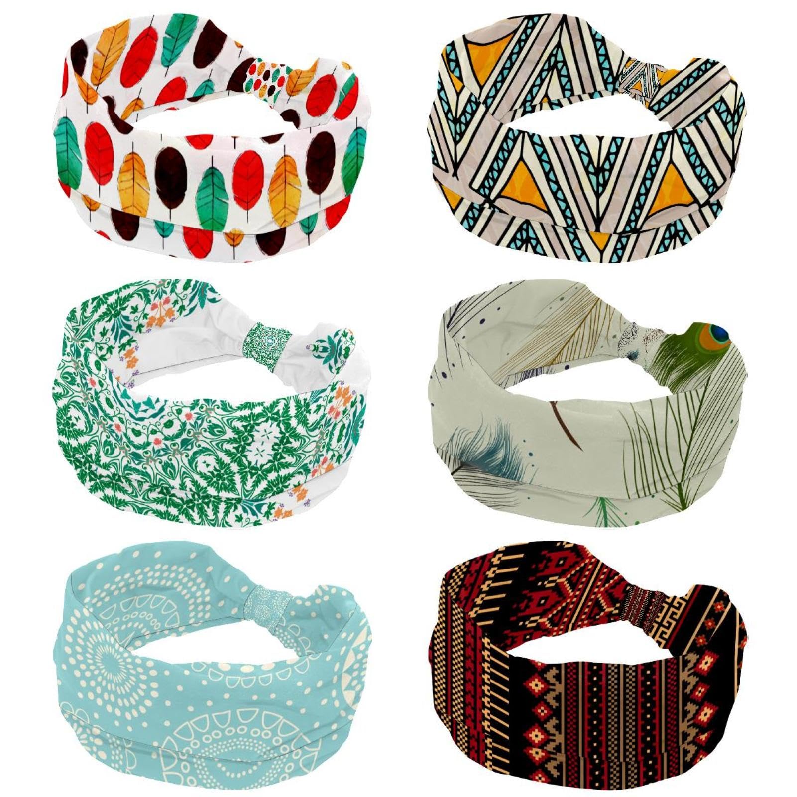 Lot de 6 bandeaux élastiques pour femme - Style bohème - Antidérapant - Pour entraînement, gym, course à pied, fitness, sport