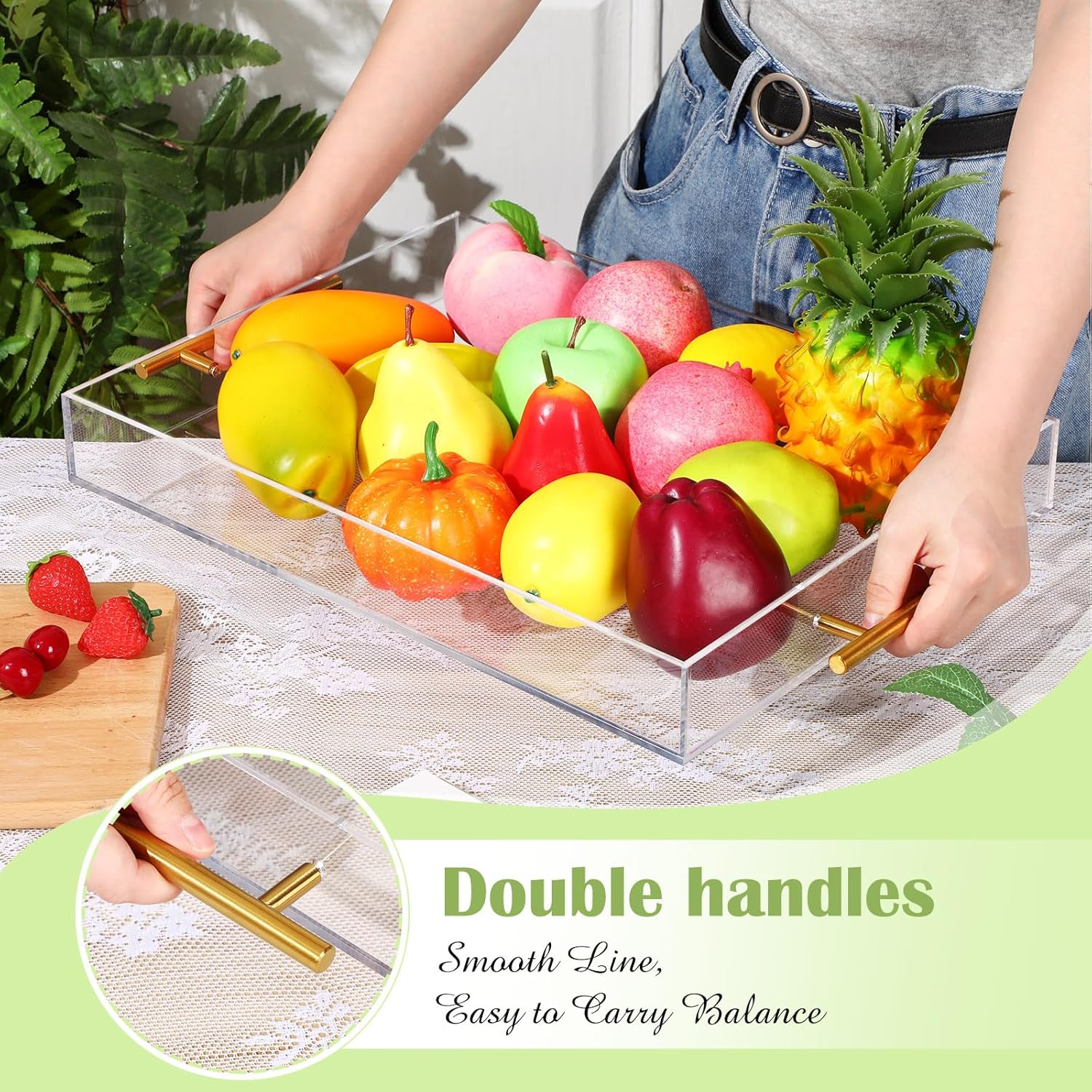 meekoo 3 Pcs Tray with Handles Acrylic Serving Tray Spill Proof Acrylic Bathroom Decorative Organizer for Coffee Table Countertop Appetizer 12x16 11x14 10x10 Inch(Clear with Gold Handle) - Image 5