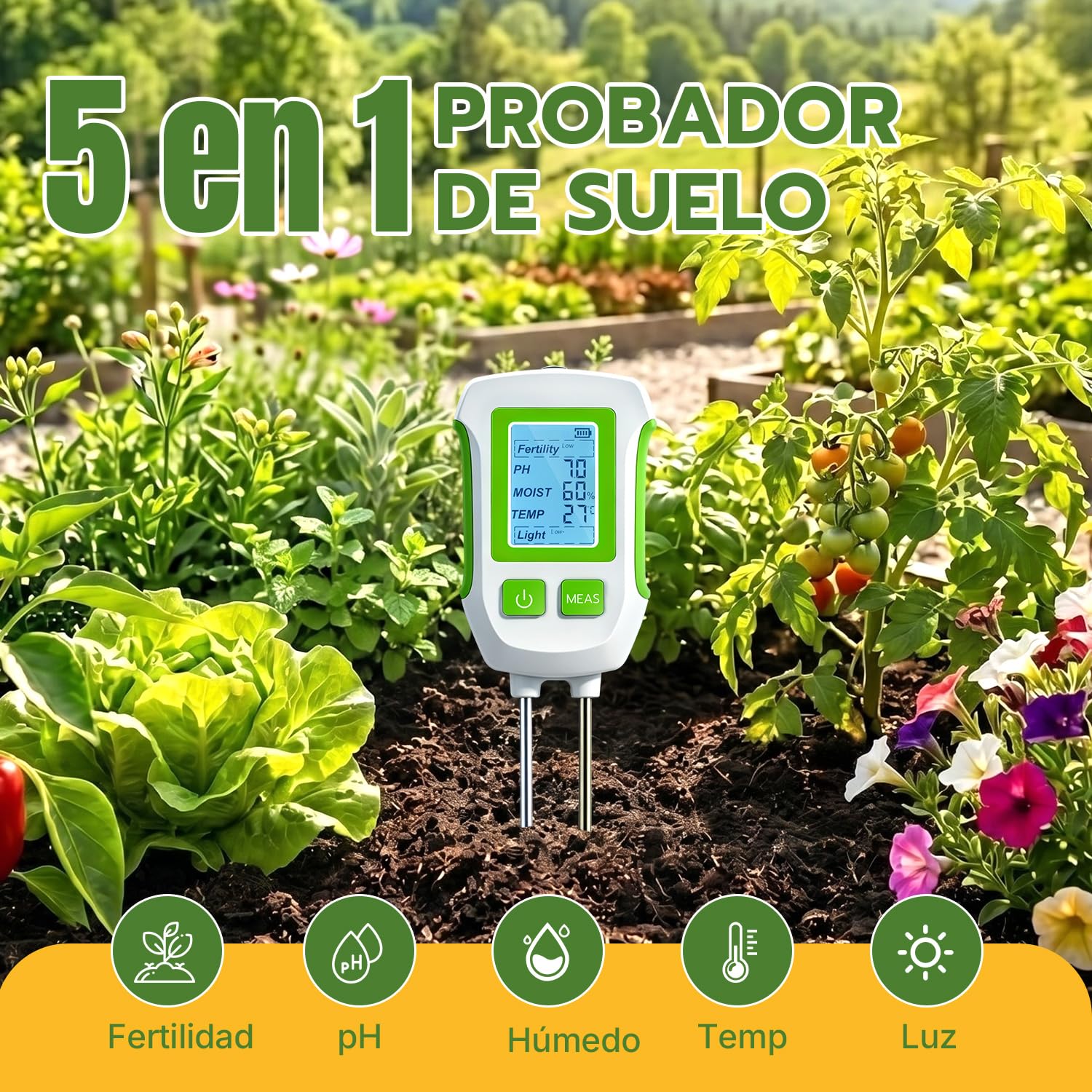 Mcbazel Medidor de Suelo 5 en 1, Multifuncional Analizador de Tierra para pH, Fertilidad, Humedad, Temperatura y Luz, Sensor de Doble Sonda con Apagado Automático para Jardín y Agricultura