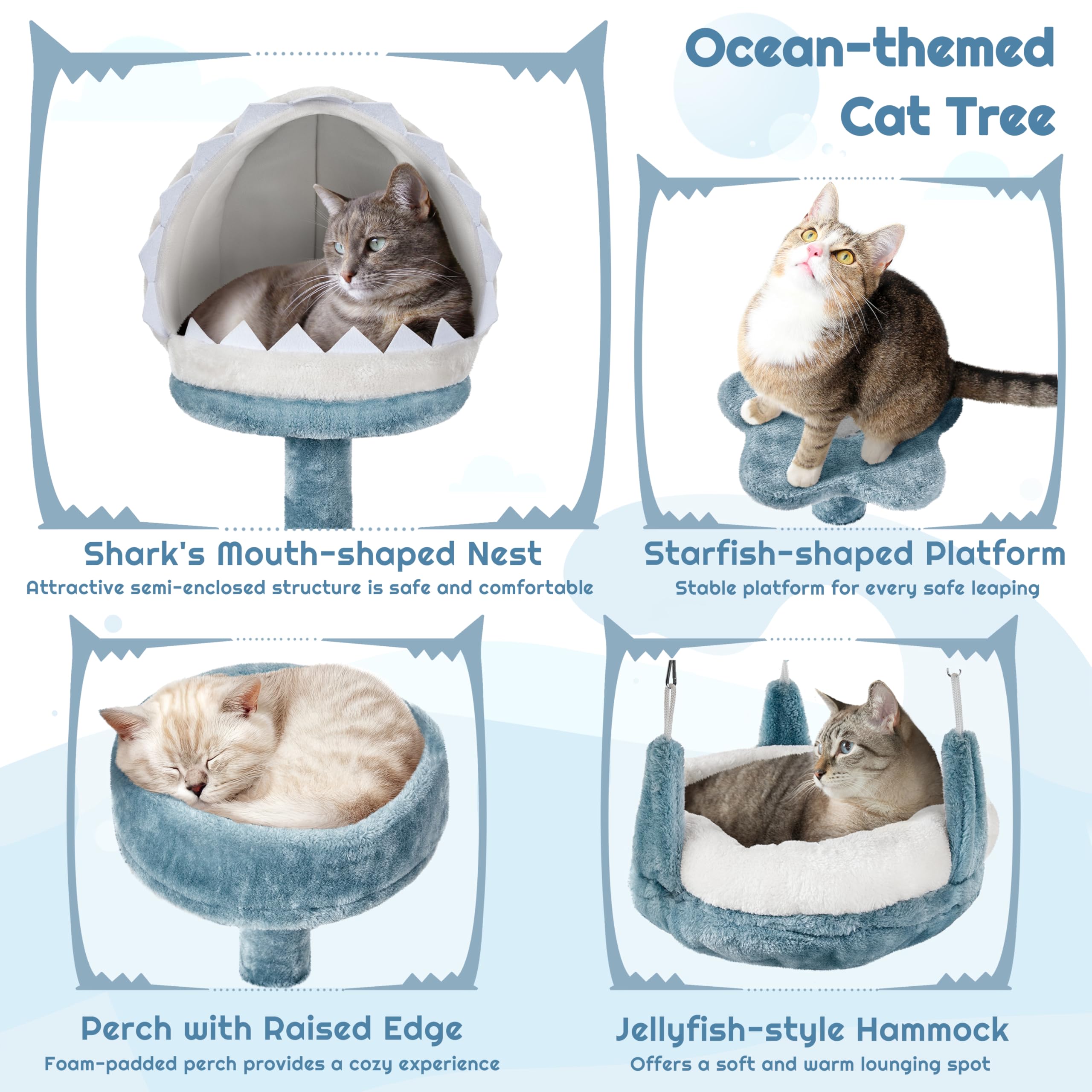 Yaheetech Árbol para Gatos 115cm Rascador para Gato Torre de Gatos con Hamaca Cueva Plataforma Estilo del Océano Azul y Blanco | Torre de peluche con forma de tiburón, con 2 perchas, 1 hamaca, 1 cama para arañar y cuerda de sisal