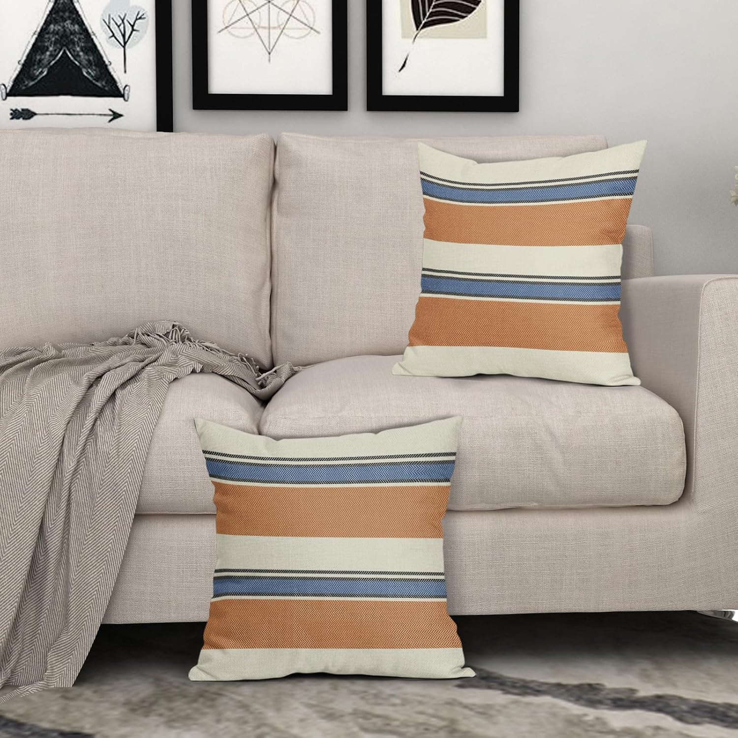 Orange Blue Striped Pillow Covers 24x24 Set of 2 Boho Stripe Print Patterned Cream Decorative Spring Summer Outdoor Pillowcases Modern Farmhouse Throw Cushion Case Couch Sofa Bed Decor