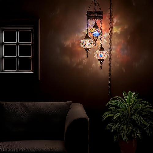 Miniatura 2 de DEMMEX Lámpara colgante de techo con mosaico turco marroquí, 3 globos grandes (enchufe de 3 x 7 globos)