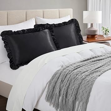 Black Satin Ruffled Pillow Cases for Hair and Skin,Black Silk Pillowcases Standard Set of 2 with Envelope Closure Princess Room Decoration