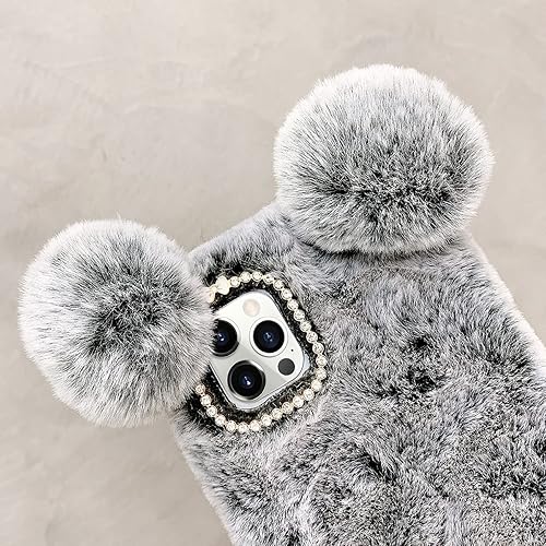 Miniatura 3 de LUVI Compatible con iPhone 15 Pro Max, bonita funda de felpa peluda para mujeres y niñas, bola esponjosa 3D de conejo, orejas de oso de dibujos