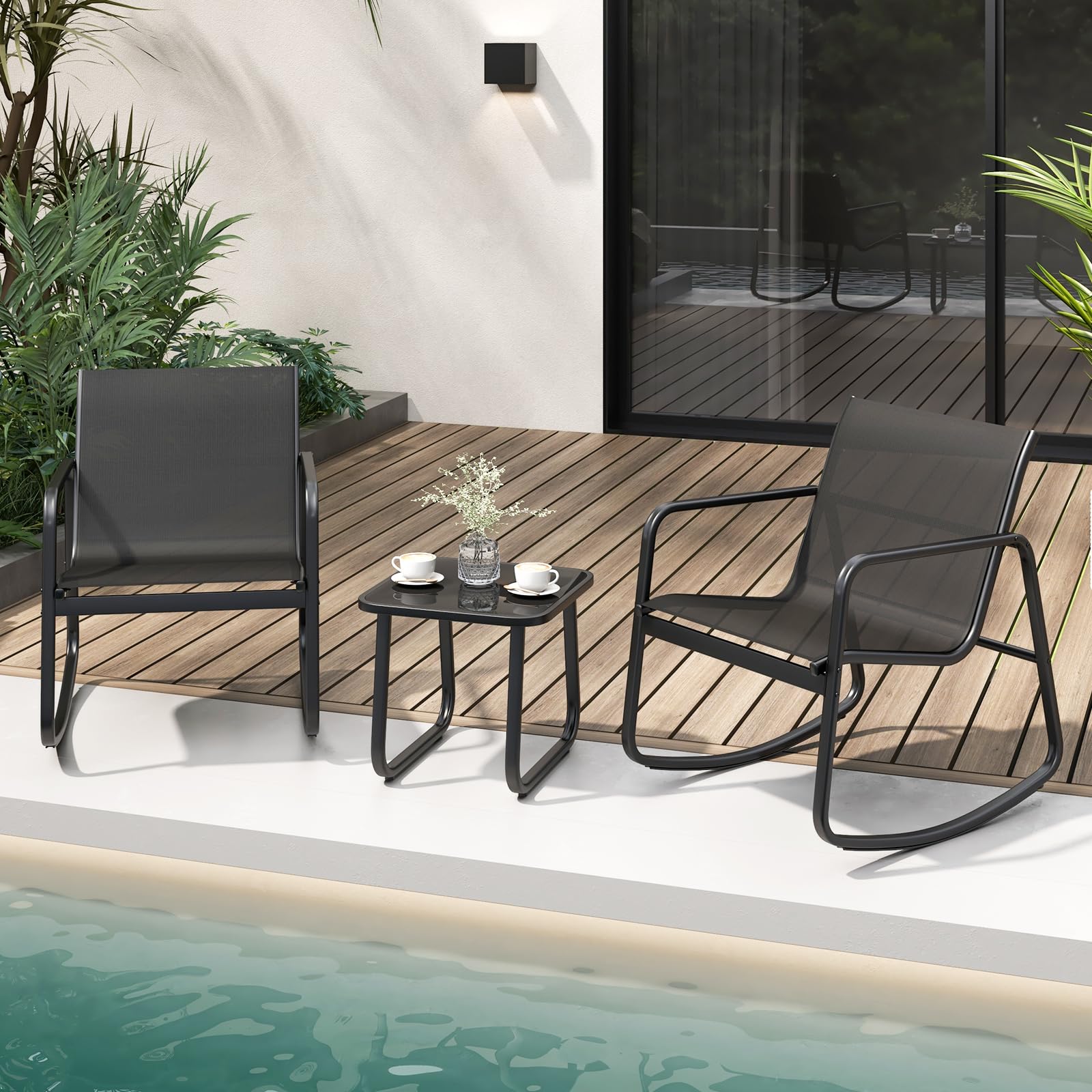 COSTWAY Mesa y Sillas Terraza, 2 Mecedoras de Bistró y 1 Mesa Baja con Tapa de Vidrio, Tela Textilene, Conjunto Jardin Terraza Exterior Balcon, Juego de Mecedora (Negro)