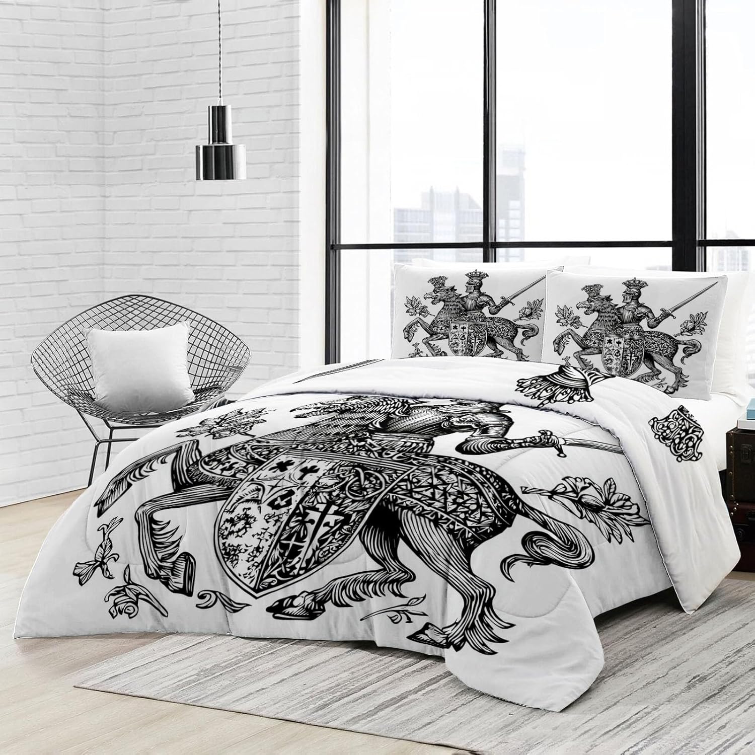 Bedding Minimalist Armored Knight Comforter Set with 2 Pillow Shams, 3 Piece Soft Twin Bed Comforter Black White Bedding for Boys and Girls, Lightweight, Breathable, Easy Care