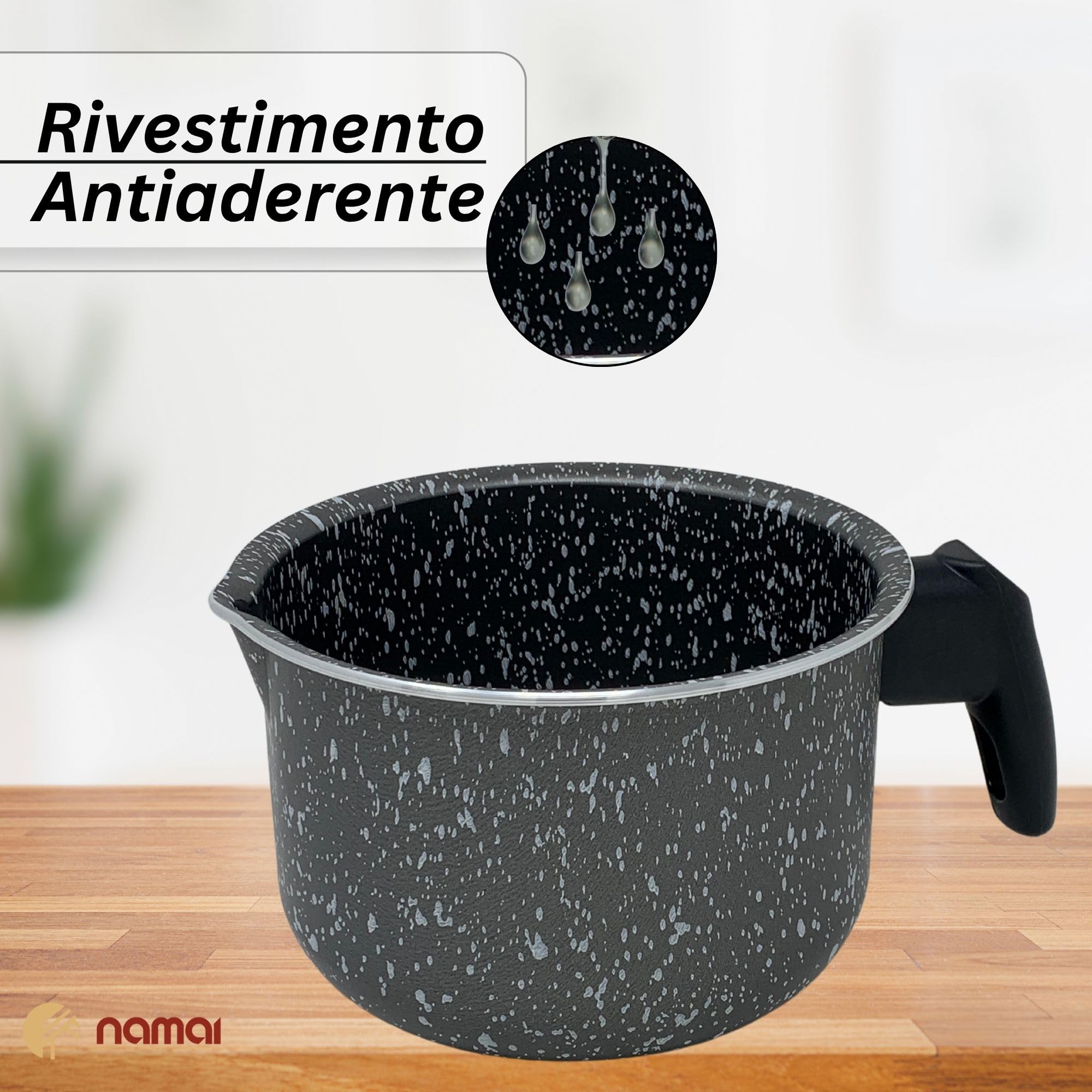 NAMAI - Pentolino Latte, Diametro 10 CM, Alluminio Antiaderente, Manico Ergonomico, Effetto Pietra, Pratico e Resistente, Made In Italy, No Induzione (10 CM)