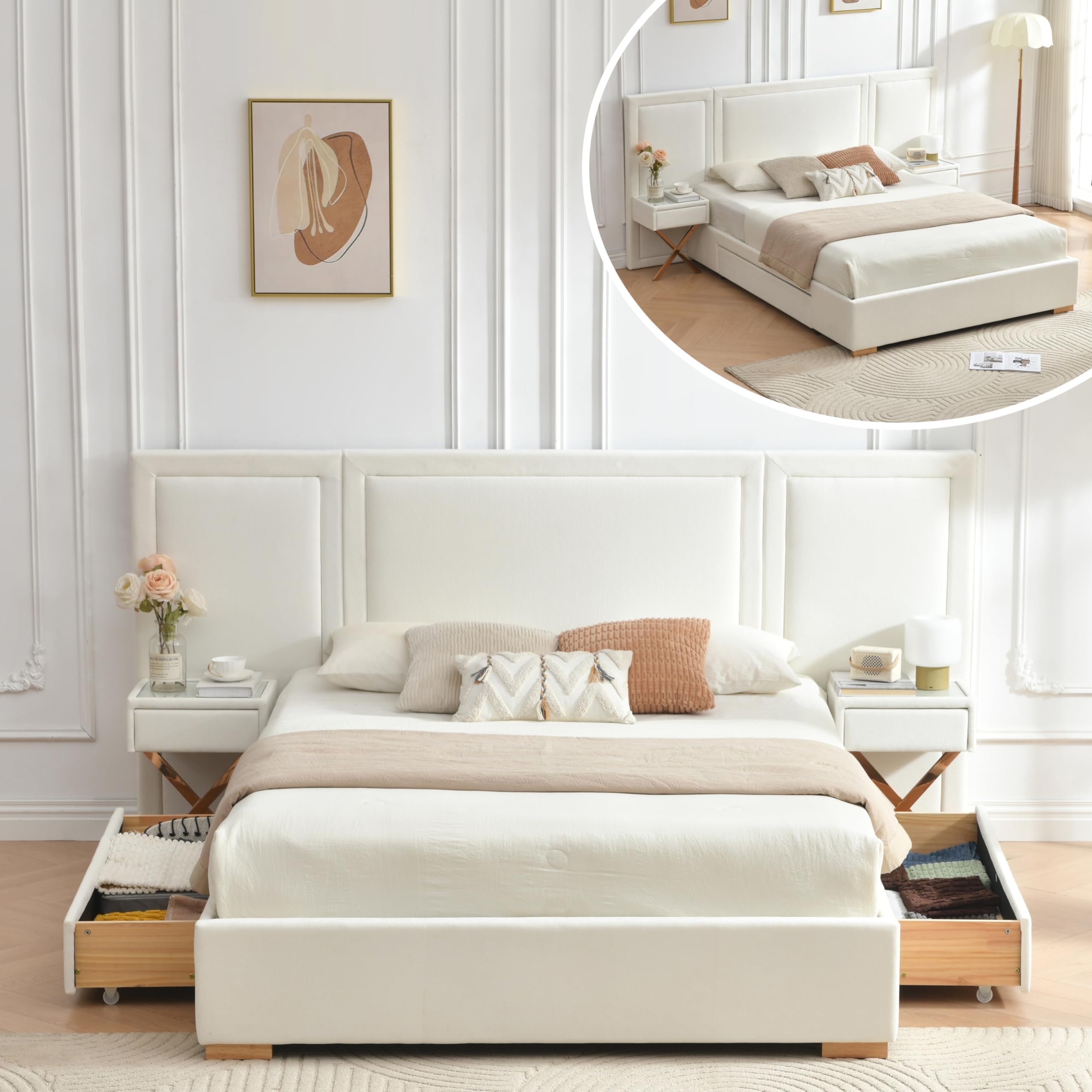 Queen Bed Frame with Storage, Bed Frame with Nightstands & Drawers, Velvet Upholstered Platform Bed Frame with Headboard, Noise-Free, Wood Slats, No Box Spring Needed, Easy Assembly, White