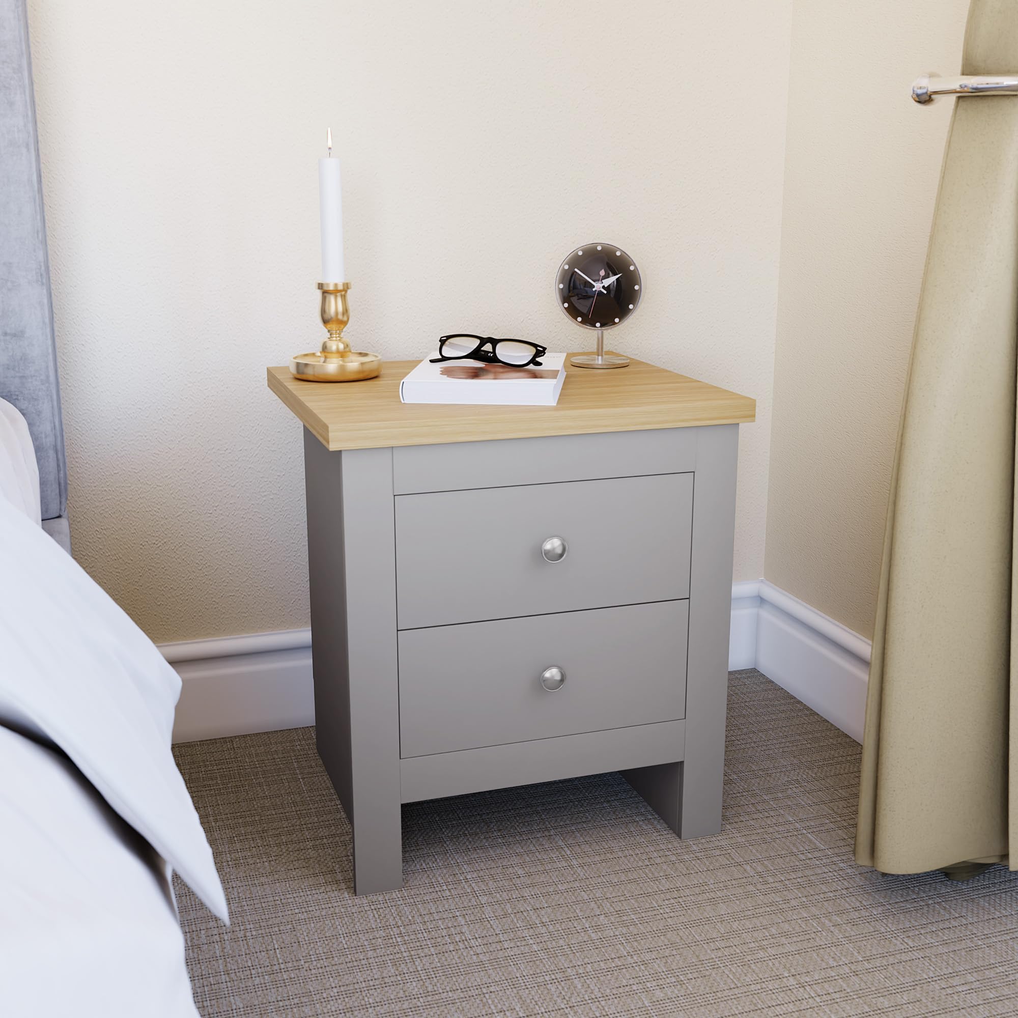 Vida Designs Comodino con 2 Cassetti Arlington, Legno Ingegnerizzato, Grigio e Quercia, H 51 x W 45 x D 40 cm