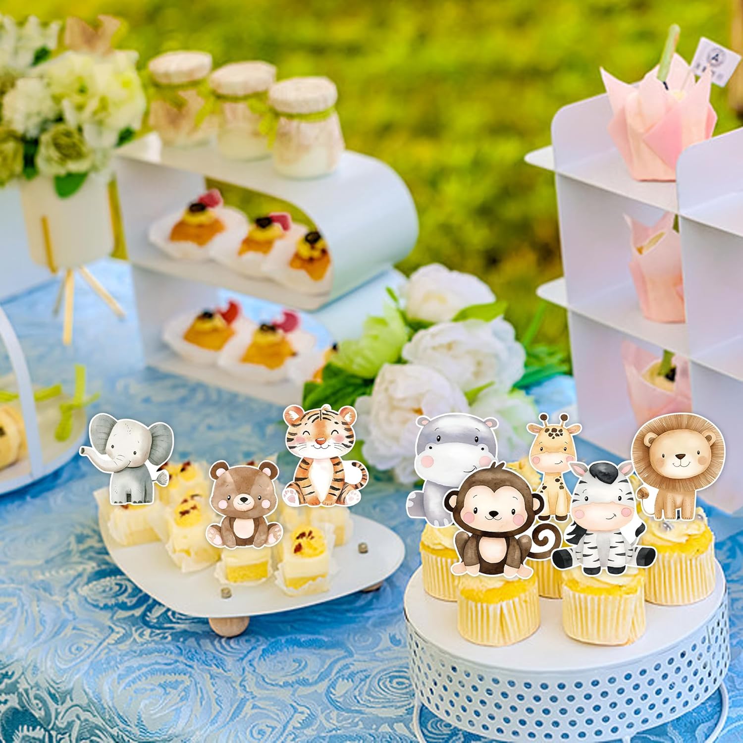 48Pcs Edible Jungle Safari Animal Cupcake Toppers Wafer Paper Safari Animals Cake Toppers Kids Baby Shower Birthday Party Decoration Supplies
