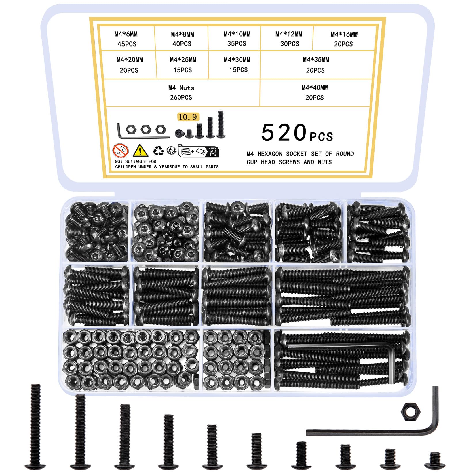 520 Pcs M4 Bolts and Nuts Set, Round and Hex Head Screws, Hex Socket Button Head Bolts and Nuts Kit