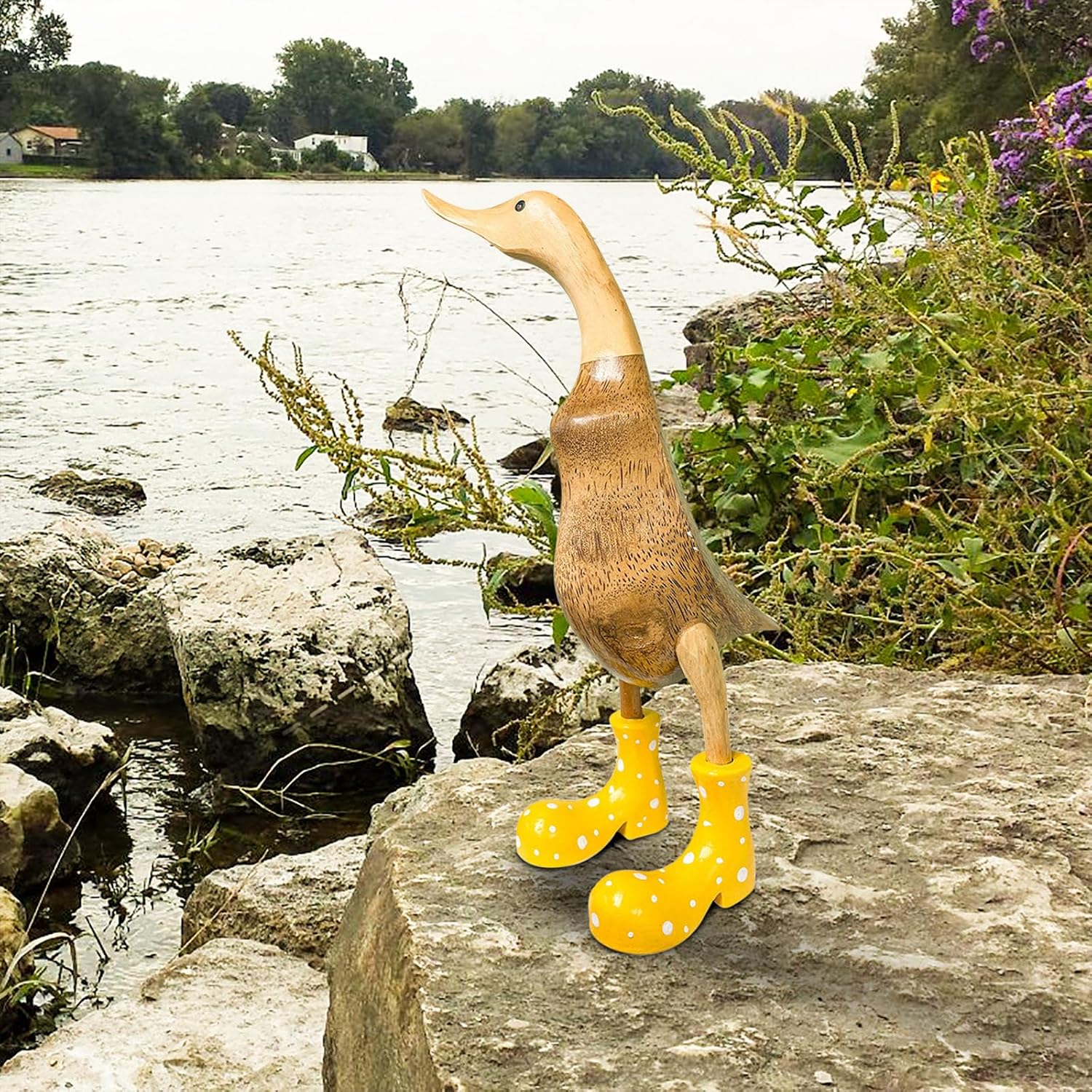 Wooden Crafted Duck Figurine with Spotty Wellies Funny Standing Duck Statues Decorative Resin Rain Boot Animal Sculpture Collectible Crafts Waterproof Garden Lawn Ornament (Yellow, 9.8Inch)