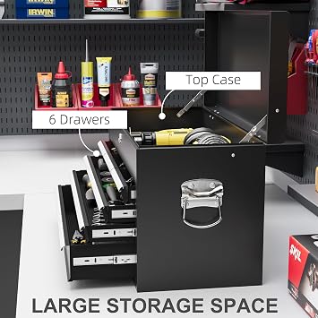 HOMCOM 6 Drawer Tool Chest Lockable Top Case 600mm x 260mm x 340mm Black