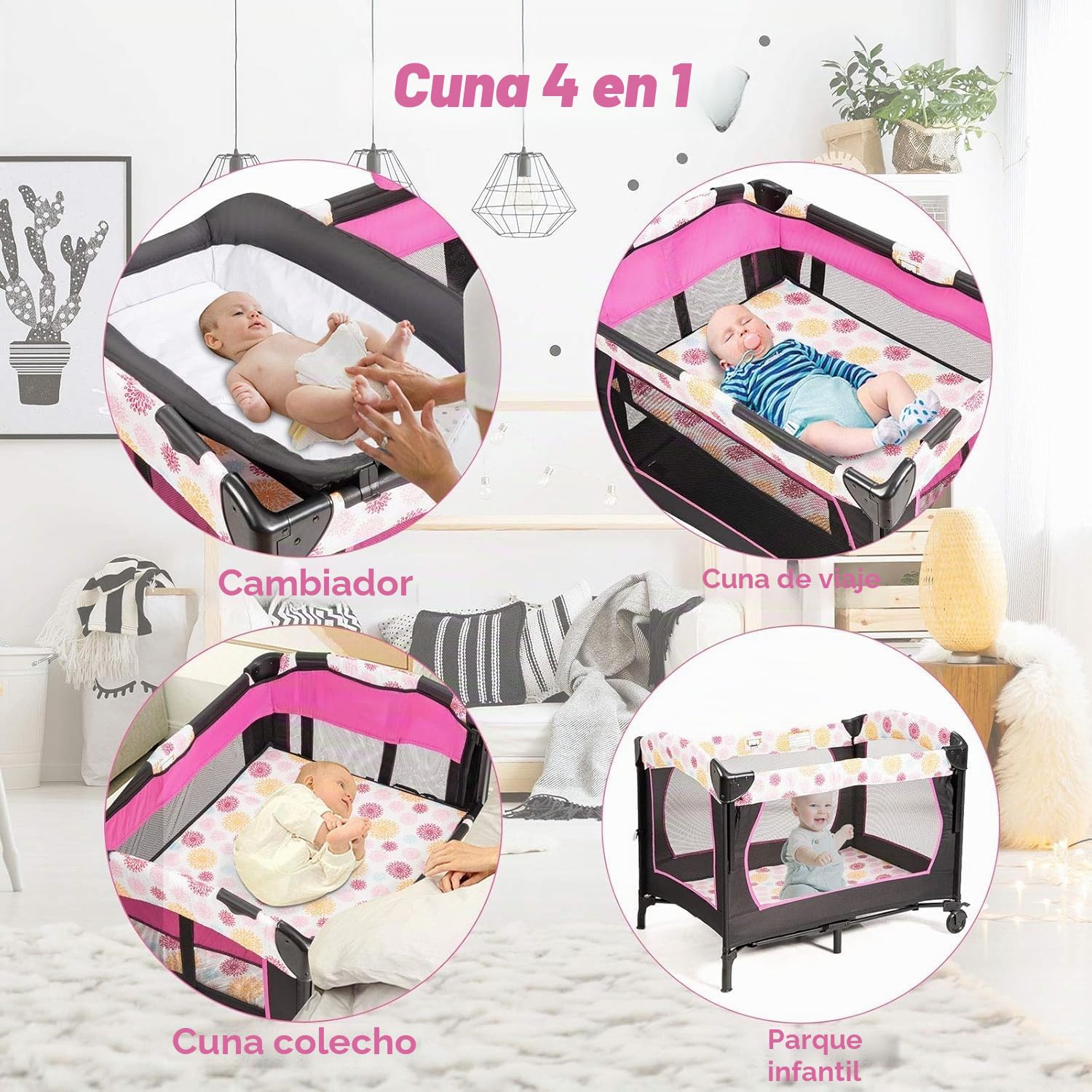 FANTASK Cuna de Viaje Plegable 4 en 1 de hasta 15 kg, moisés, Cuna Auxiliar, Cambiador y Parque Infantil, 2 Niveles, Altura Regulable, con Bolsa de Transporte, colchón y Caja de música