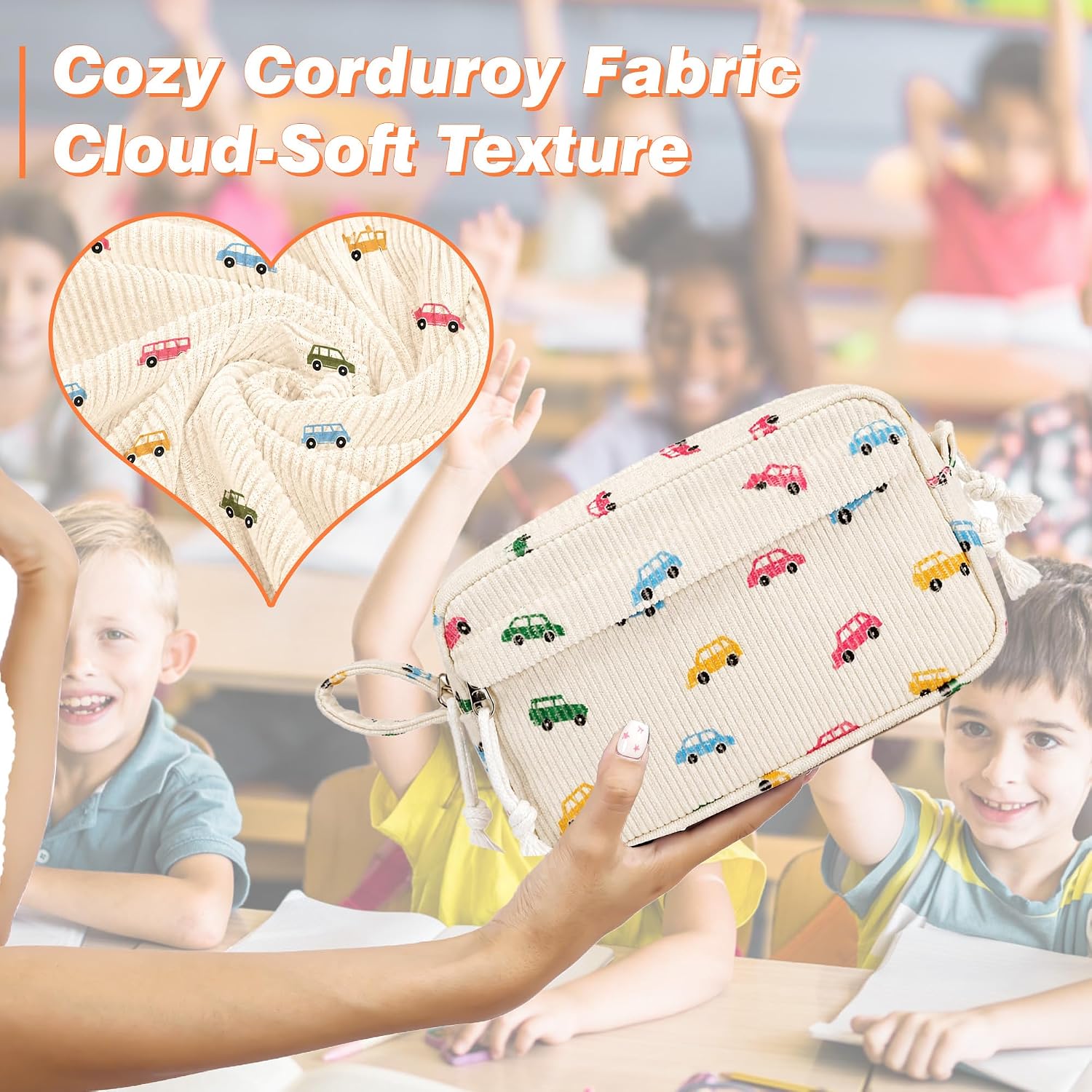 Big Capacity Pencil case,Soft Corduroy Pencil Bag with 3 Compartment,Pencil Pouch School Supplies Cute Pencil Box Pencil Bag for Teen Girls Boys College (Colorful Car) image 2
