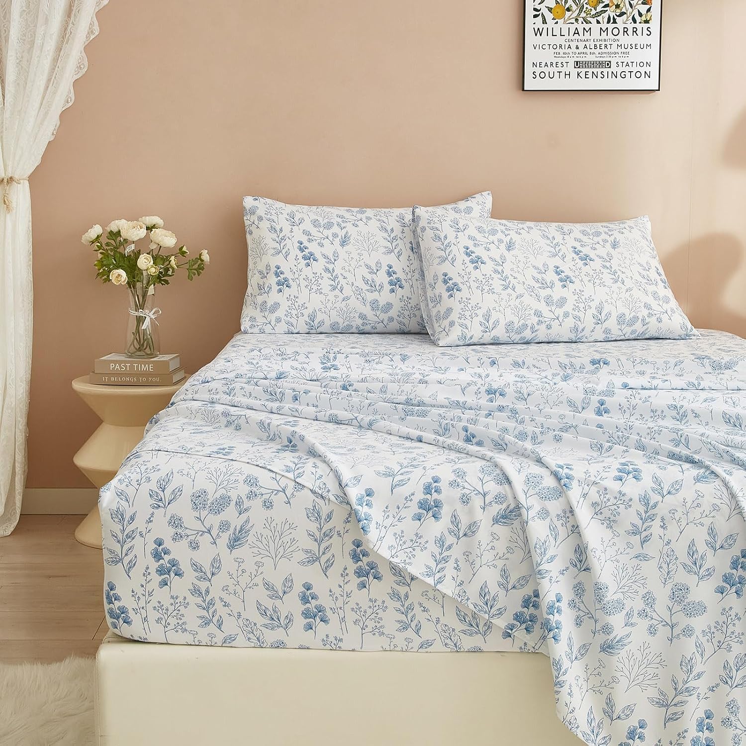 LifeTB 3 Piece Floral Bed Sheets Set Twin XL Sheets & Pillowcase Set - Extra Soft Vintage Blue Floral Sheets Set Deep Pocket 16" - Botanical Flower Luxury Soft Cooling Bed Sheets for Twin XL Size Bed - Image 9