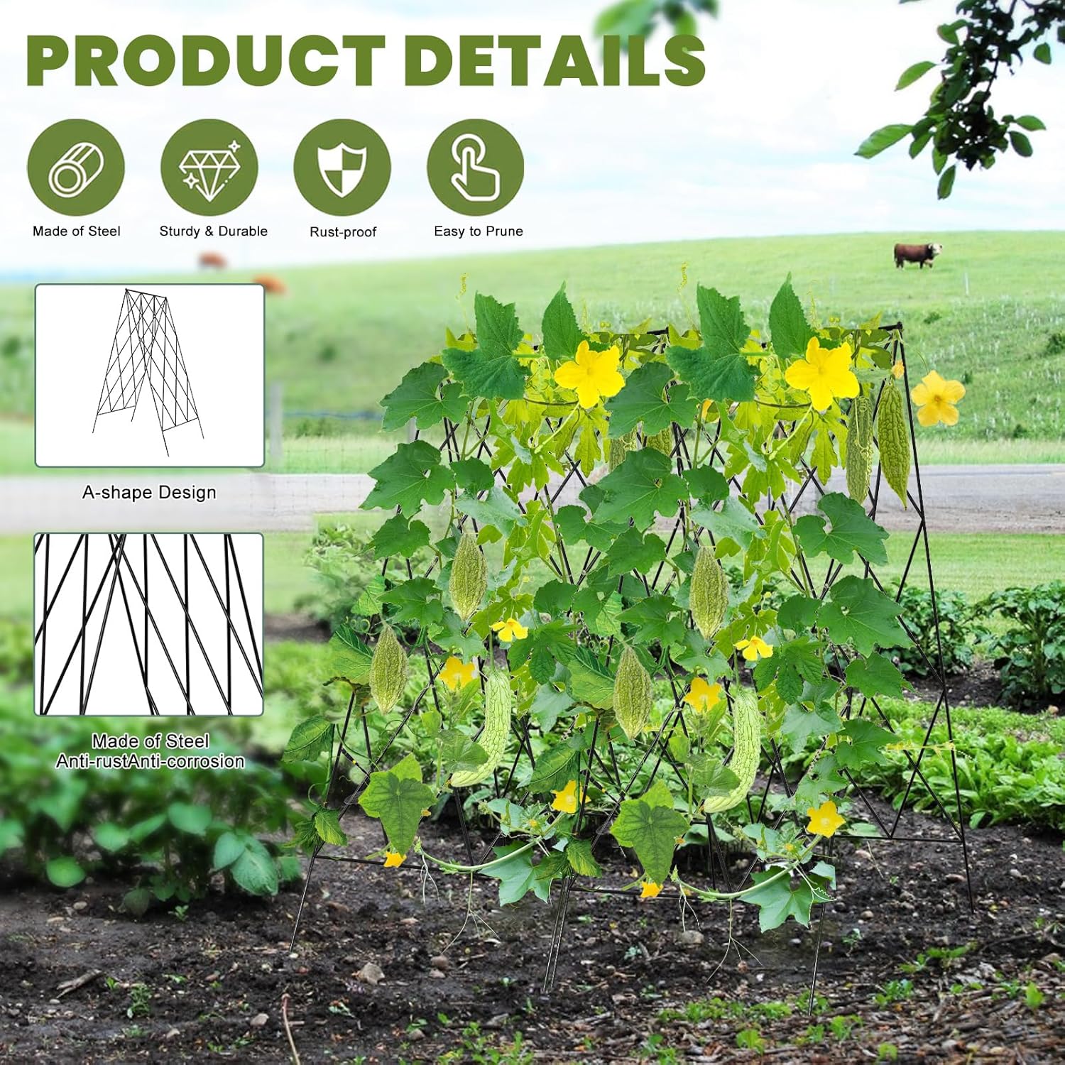 Cucumber Trellis 2 Pack, Foldable A-Frame Garden Trellis for Raised Bed Garden Grow Support with Plant Support Clips, Twist Ties, Plastic Ties, for Cucumber,Tomato, Climbing Plants and Flowers