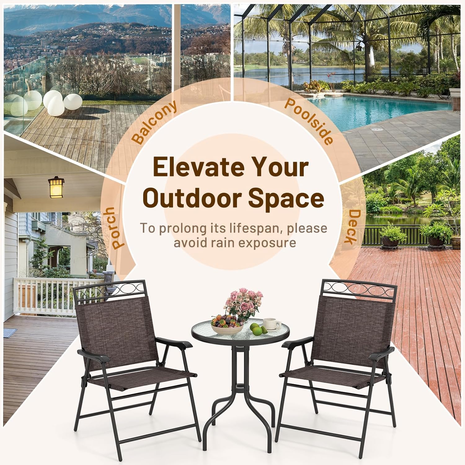 Giantex Patio Dining Set Round Glass Table with 2 Patio Folding Chairs, Outdoor Table and Chairs for Garden, Pool, Backyard, Tempered Glass Tabletop with Umbrella Hole (Brown)