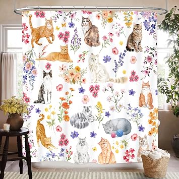 SHADIORA Cat Shower Curtain, Watercolor Spring Floral Cute Cat Wildflower Plant Lovely Kawaii Kitten Lovers Boho Colorful Wat