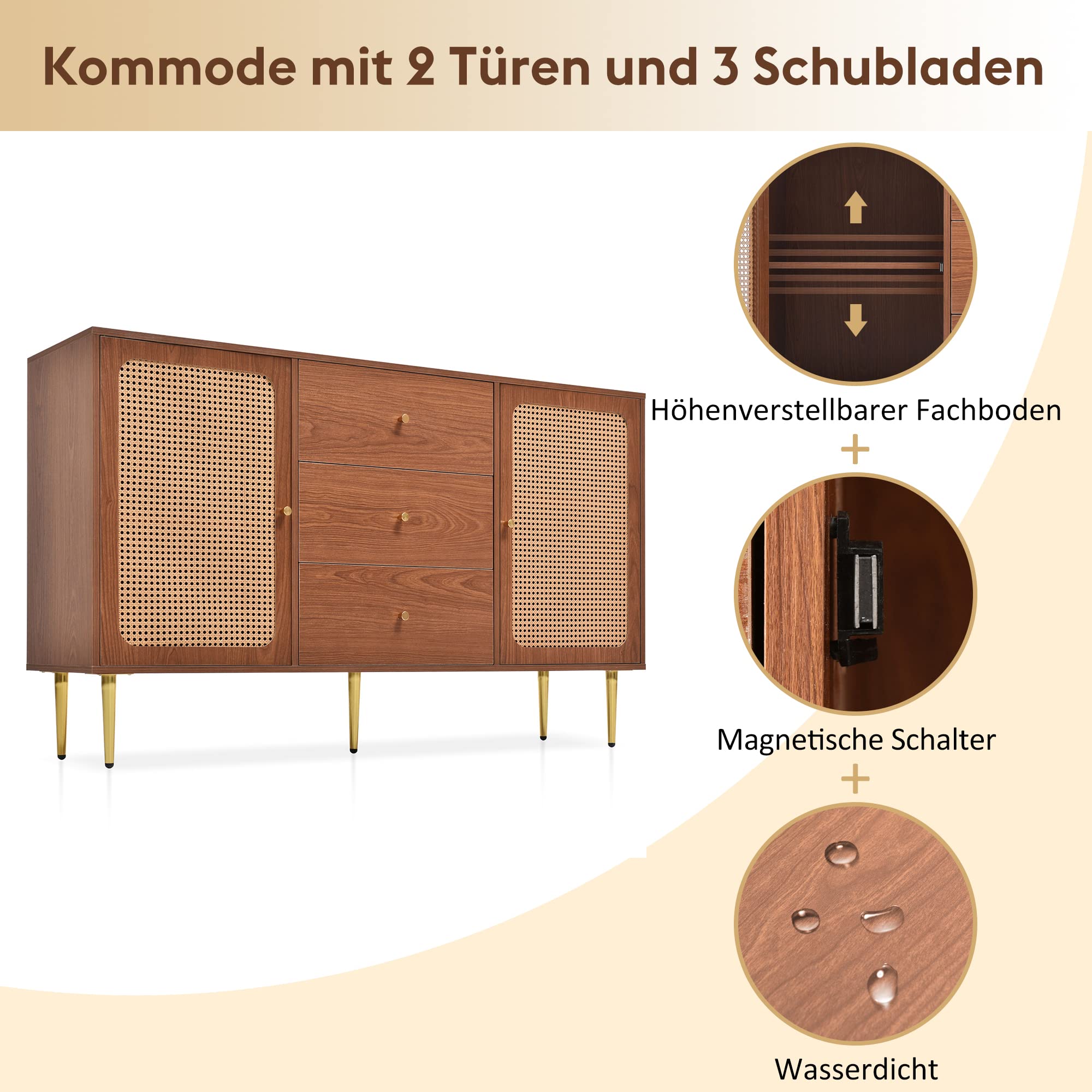 Komoda z 2 drzwiami i 3 szufladami, rattanowa komoda na drzwi z szufladą, regulowana półka, do salonu, sypialni, wys. 90/szer. 150/gł. 40 cm
