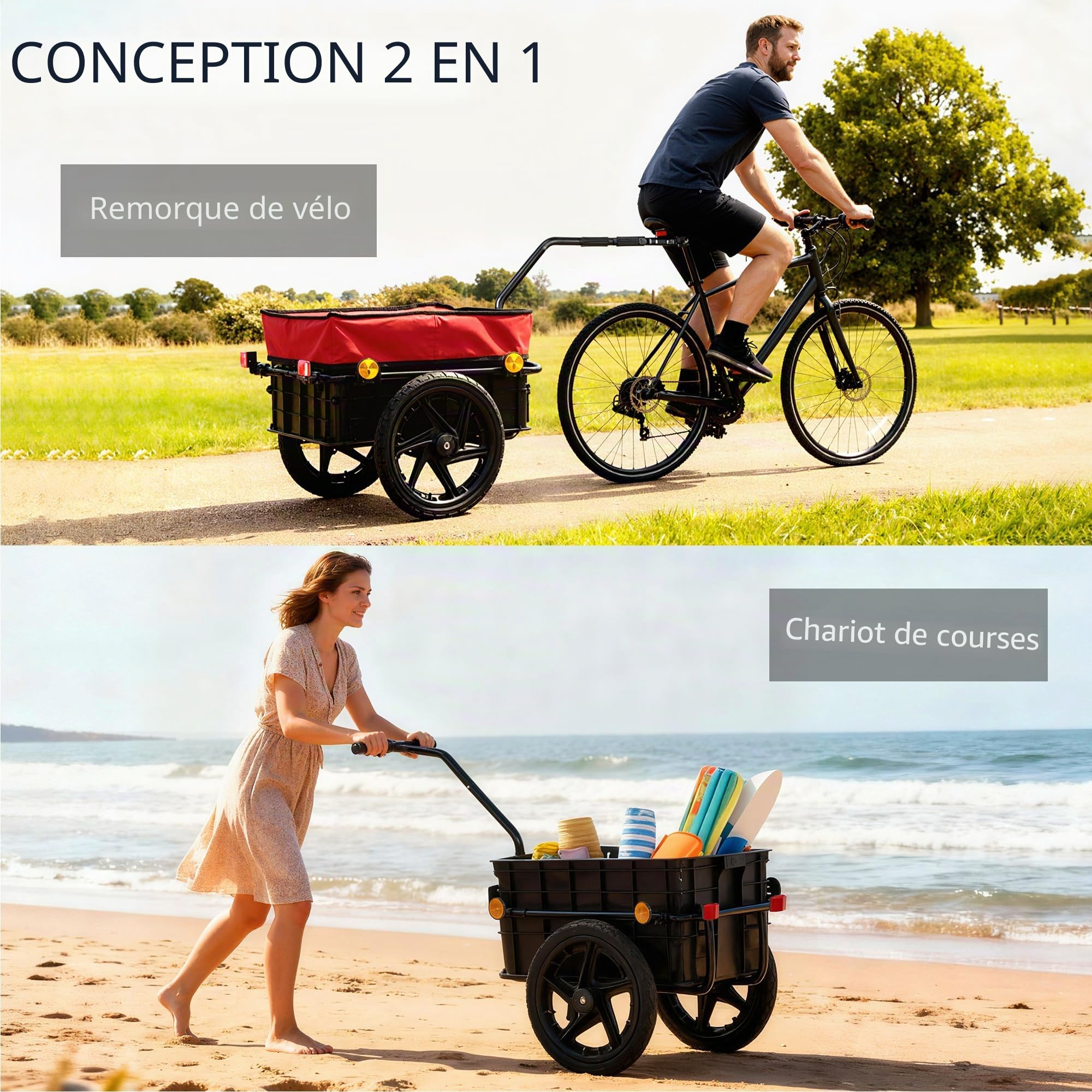HOMCOM Remorque de vélo pour charge 40 kg, chariot à main avec housse en tissu Oxford imperméable, réflecteurs, cadre en acier et poignées pour transport de bagages, 144 x 59 x 80 cm
