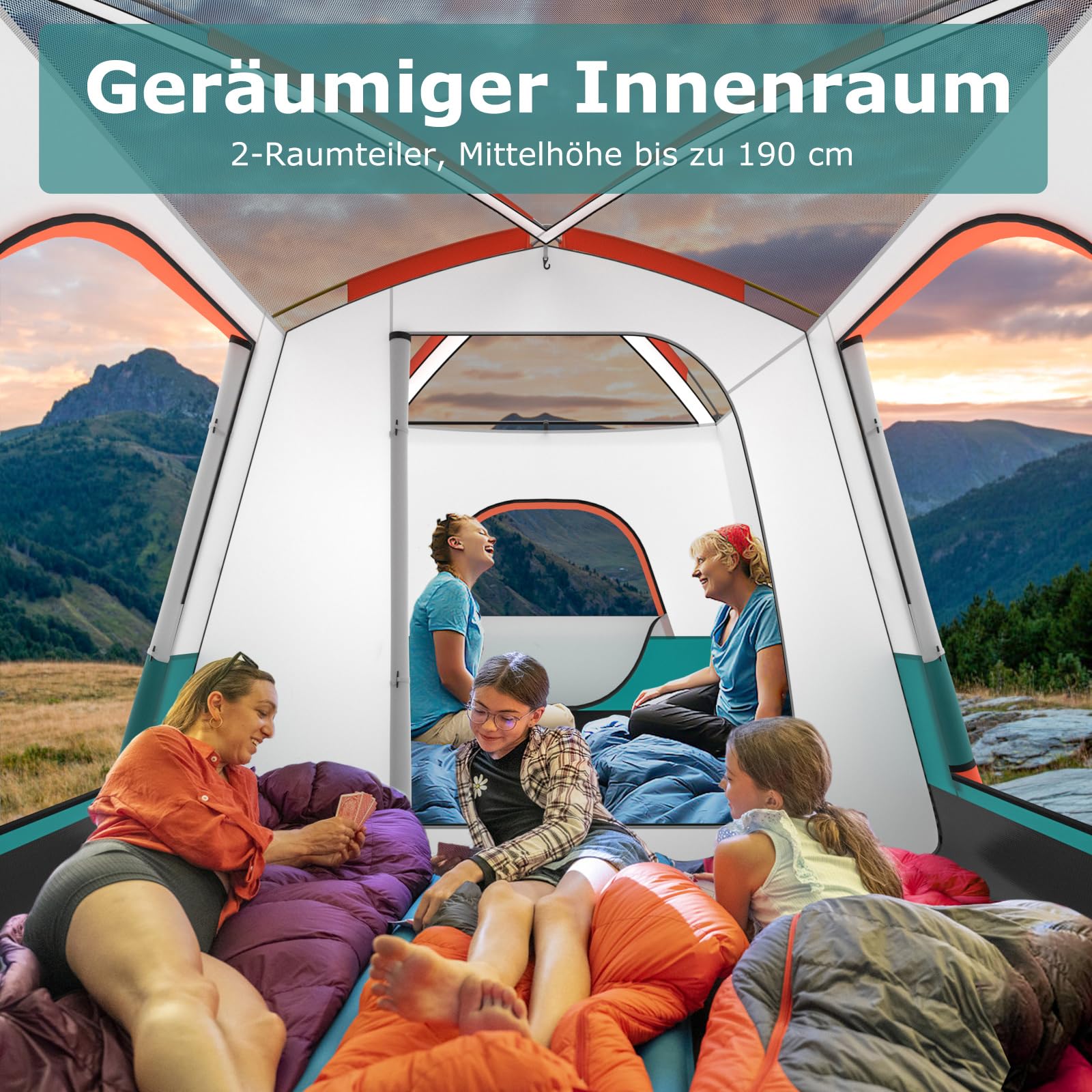FANTASK Zelt groß mit Vorzelt & Boden, 4-6 Personen Campingzelt, 2 Räumen & 2 Eingänge, Tunnelzelt inkl. abnehmbarem Dach & Tragetasche, Grün