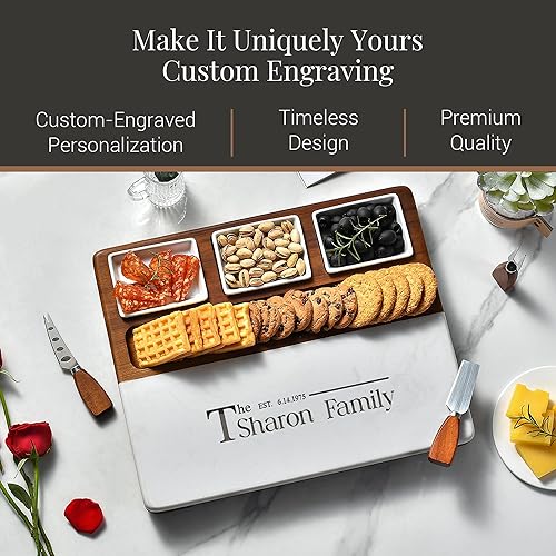 Miniatura 4 de Shanik Wood - Juego de tablas de queso de mármol con 3 cuencos de cerámica, juego de cubiertos de acero inoxidable, tablero de charcutería y regalo