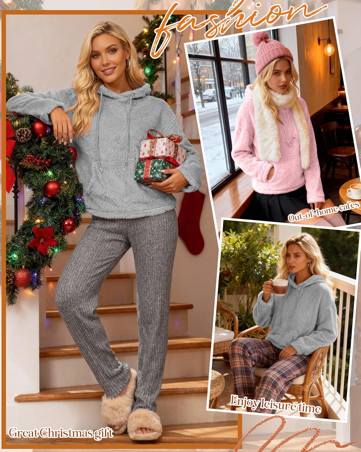 2 Pack Women's Double Fuzzy Fleece Hoodies, Kangaroo Pocket Pullover Winter Drawstring Oversized Loose Sweatshirts - Image 4