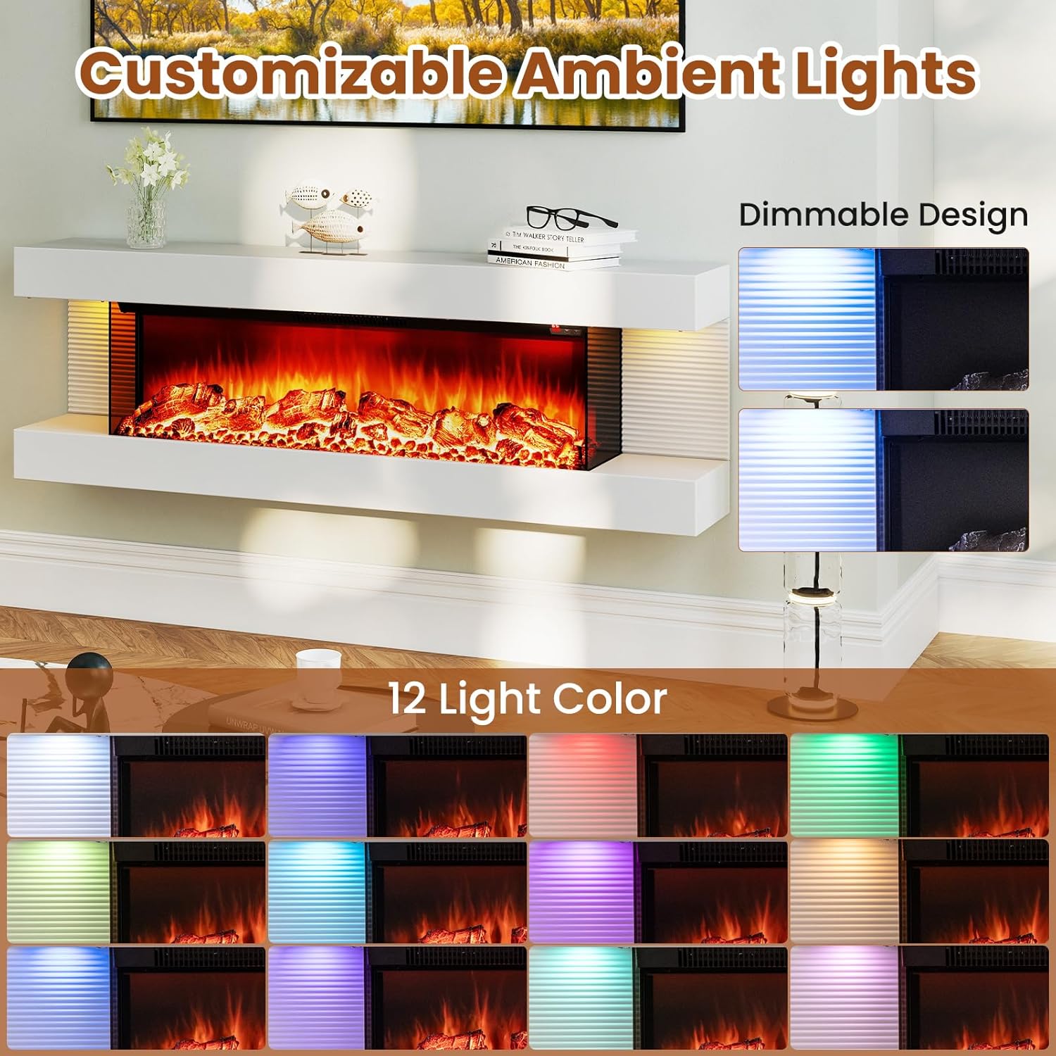 COSTWAY 3-Sided View Electric Fireplace with Floating Mantel 50-inch Wide, 750/1500W Wall Mount 36-inch Fireplace with Remote Control, 12-Color Dimmable Flame & Ambient Light, 8H Timer, White