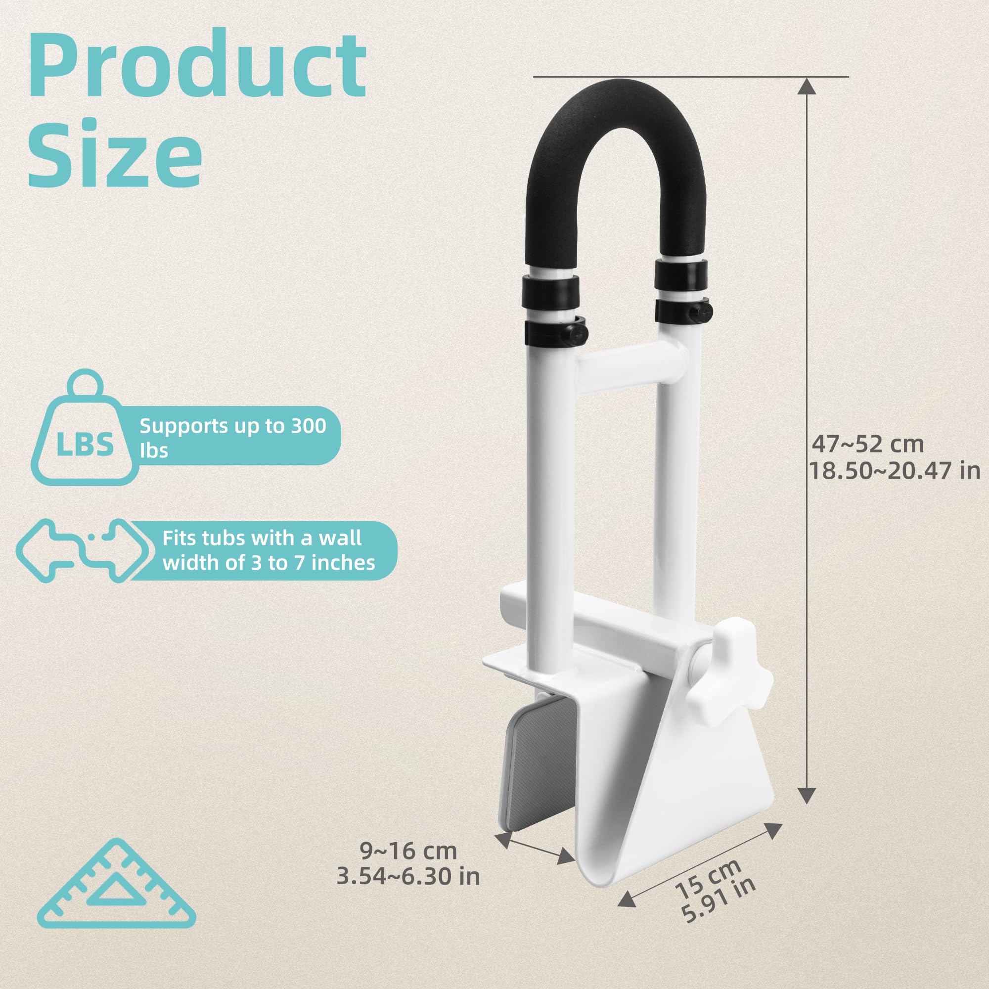 ITSOGOO Asa Bañera para Mayores Acolchada Regulable (Borde Liso ≥9 cm),Asidero Bañera Adultos Seguridad,Capacidad de Carga Hasta 136 kg,Apoyo Asa,Blanco Negro