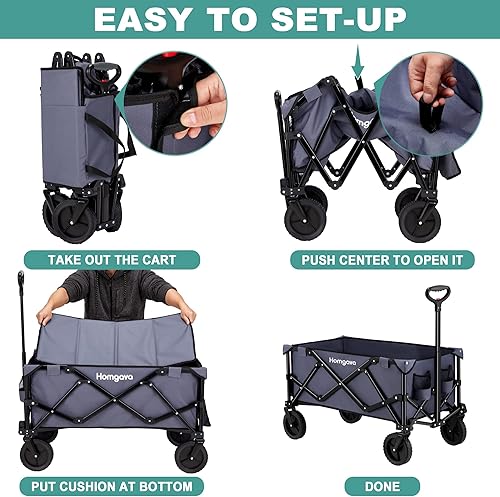 Miniatura 7 de Homgava Carrito plegable para playa, carrito de jardín resistente con ruedas todo terreno, carro de gran capacidad portátil para campamento, pesca,