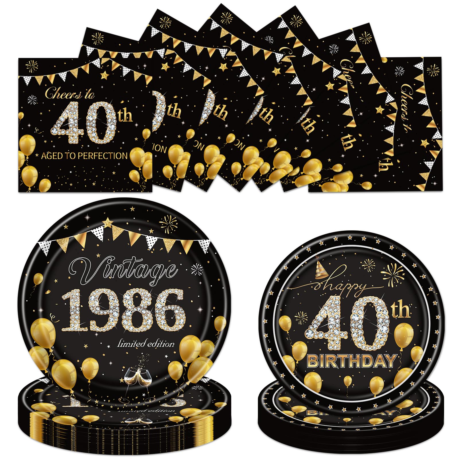 Luvart 40th Birthday Plates and Napkins Party Decor, 72PCS Vintage 1986 Birthday Tableware Set, Cheer to 40 Year Old Party Decorations Supplies for Women Men 24 Guests