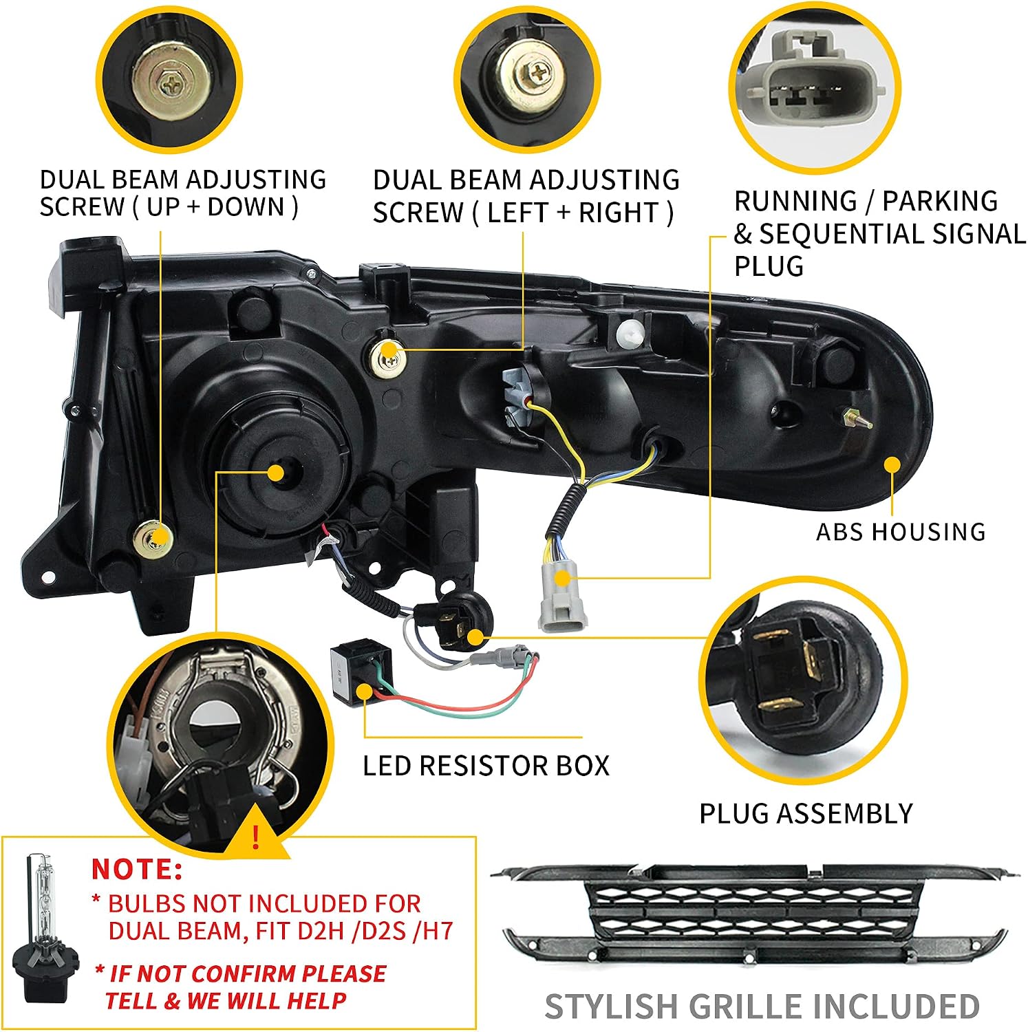 VLAND Projector LED Headlight & Black Bumper for Toyota FJ Cruiser SUV 1st Gen 2007-2021 with Sequential Turn Signal & DRL Bars YAA-FJ-0249AH, (Bulbs NOT included Fit H7 /D2H)