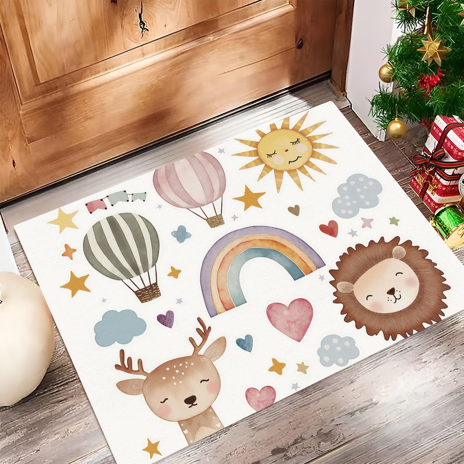 Felpudo de Bienvenida con Ciervo del Sol, León, 80x120cm Felpudo Entrada Casa Animales Progenitores Antideslizante Alfombra Pasillo de Perfil Bajo para Debajo de la Puerta, Blanco