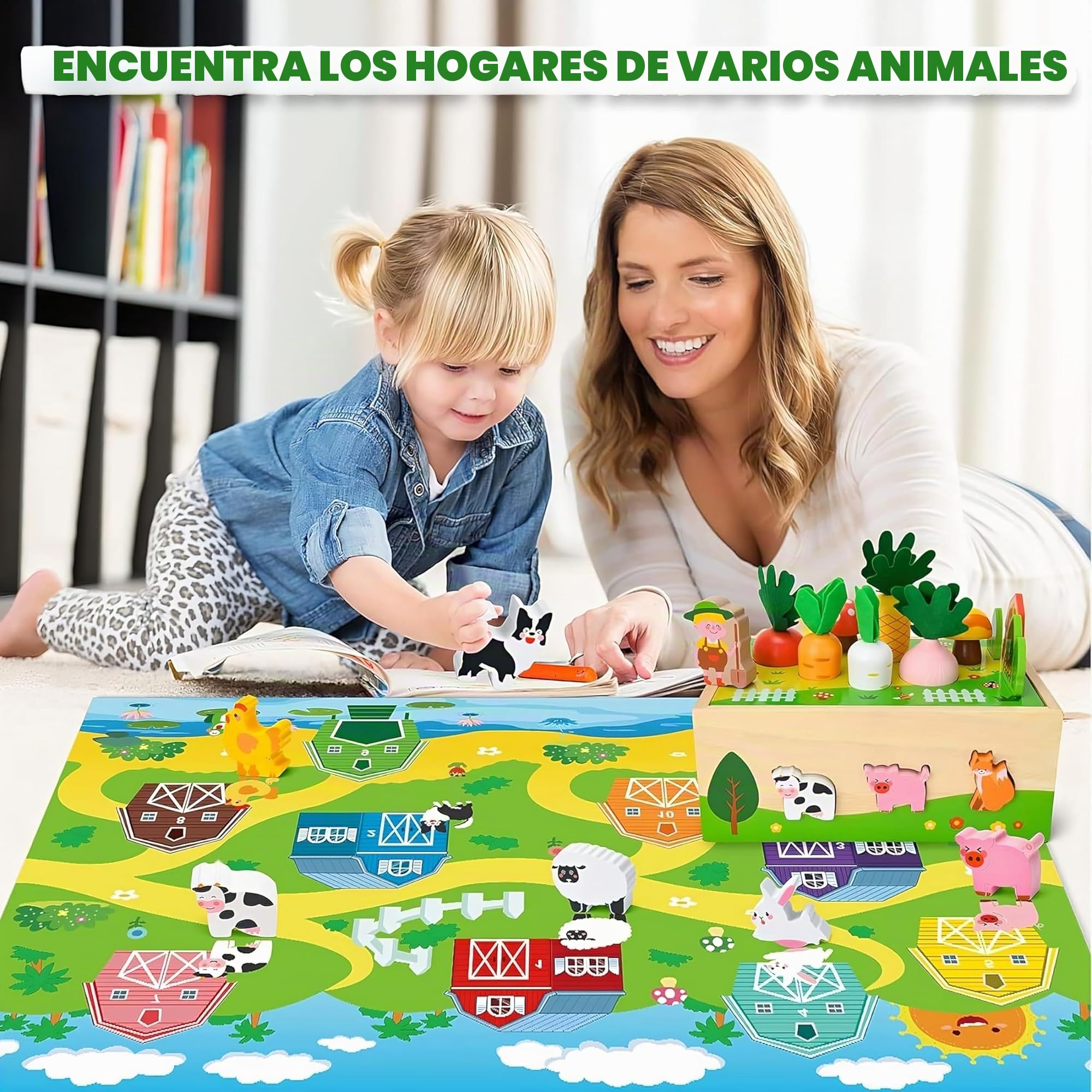 Montessori Juguete de madera para niños de 1, 2 y 3 años, juego de granja con animales y verduras, regalo para niñas y niños