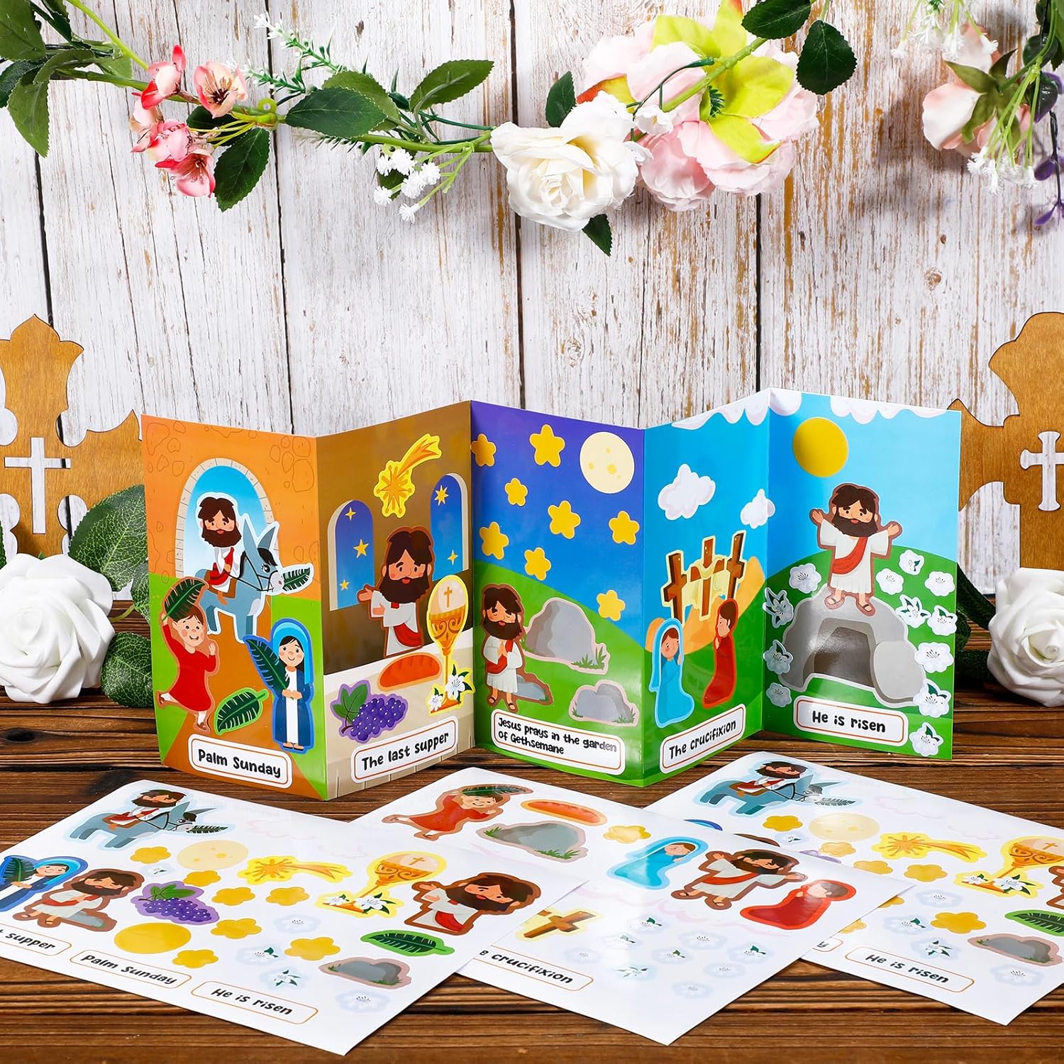 24 Sets Religious Easter Crafts Holy Week Scene Kits, Christian Easter Resurrection Stickers Jesus He is Risen Sticker Cross Palm Sunday Crafts for DIY Project Party Supplies