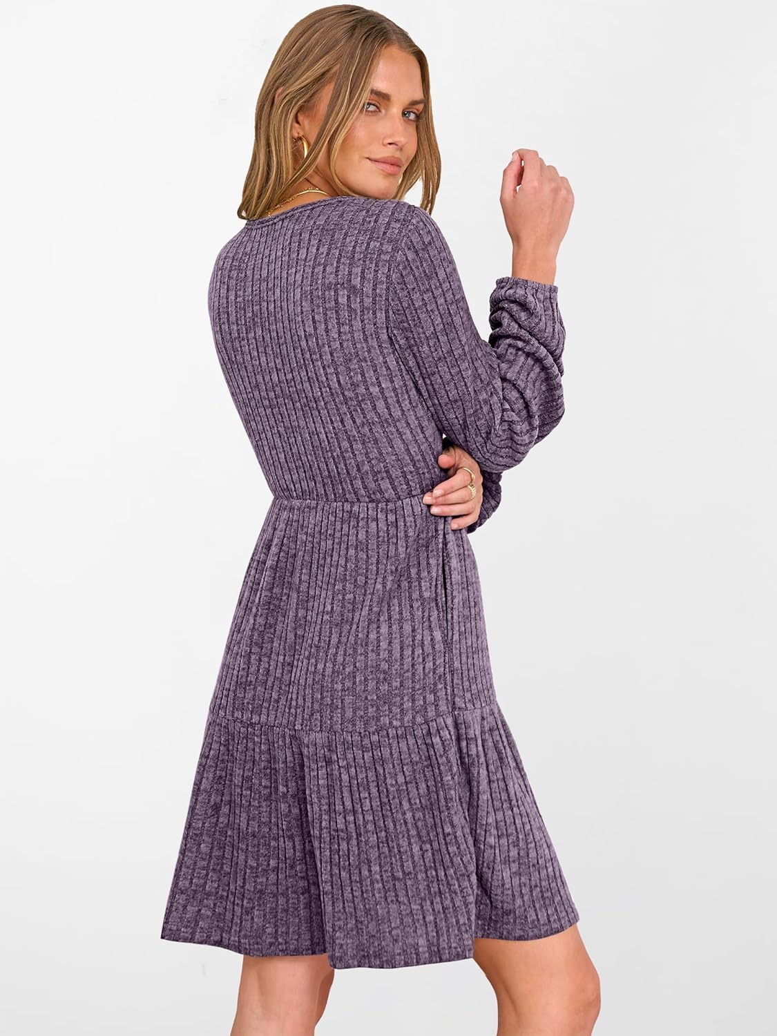 ANRABESS Women's Long Lantern Sleeve Ribbed Knit Dresses V Neck Casual 2025 Fall Winter Flowy Swing Tunic Sweater Short Dress - Image 5