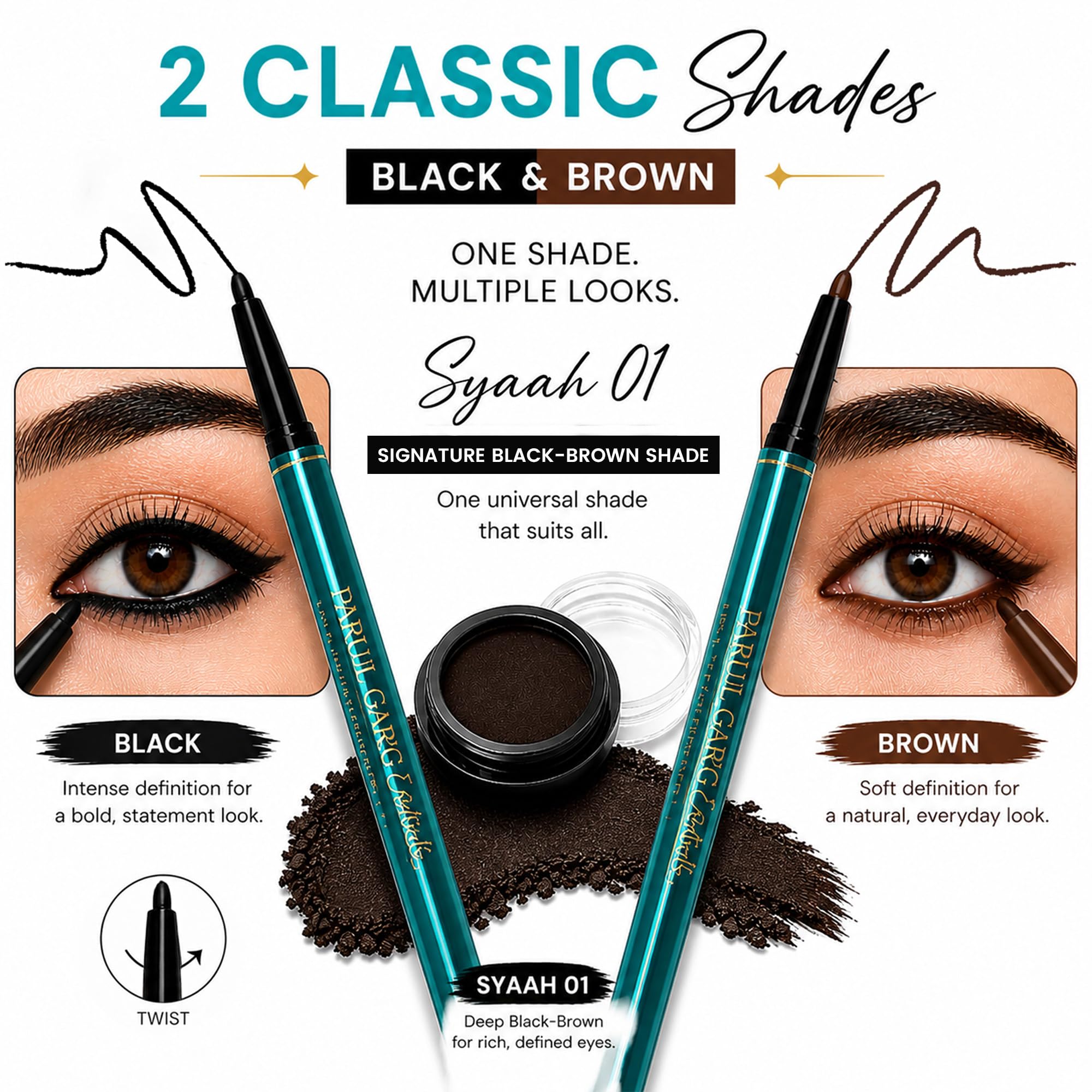Parul Garg Beauty Signature Essential Kajal & Eyebrow Pack β 3-in-1 Long-Stay Kajal, Eyebrow Definer, Eye Brush & Shadow | Smudge-Proof & Blendable | No Smudging | Vegan & Clean Beauty | Deep Brown 2