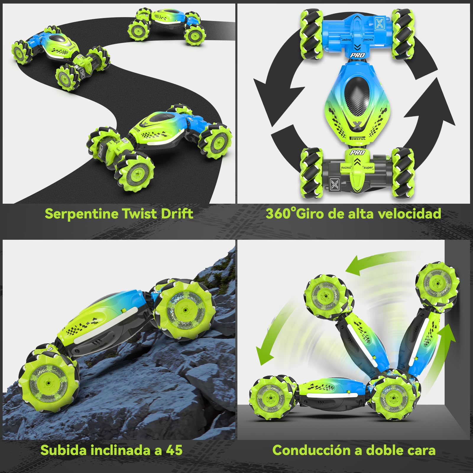 Dysaim Coche Teledirigido para Niños RC Stunt Car Coches Telecomandado con Mando a Distancia 2,4 GHz 4WD 360 ° Crawler Offroad RC Drift Auto 2 Batería Música Navidad Regalo para 6-12 Años