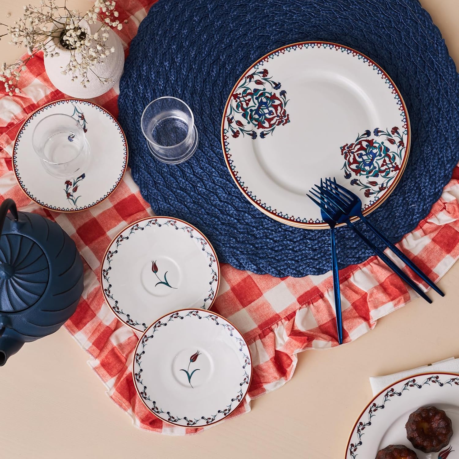 Karaca Nakkas 18 Piece Turkish Teacups & Appetizer Plate Set for 6 People - Colorful Dessert Plates (7.4"), Small Turkish Tea Glasses with Saucers - Glass Tea Cups & Porcelain Dish Set