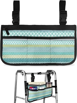 Boho Geometric Wheelchair Side Bag Walker Bag, Colorful Striped Ethnic Flowers Turquoise Wheelchair Accessories Armrest Pouch, Organizer Storage Bag for Walkers, Rollators, Scooters, 7.3''x13''