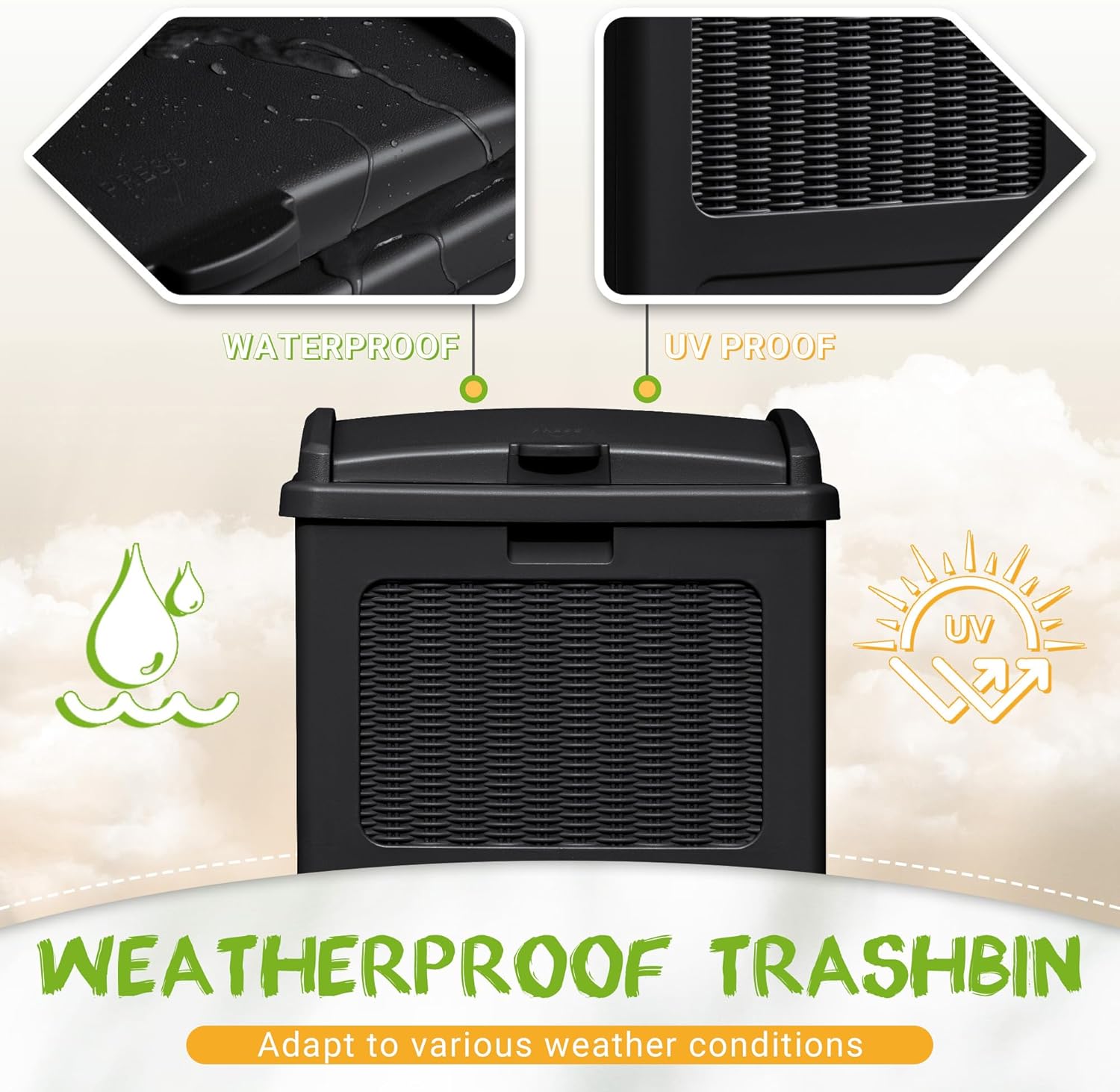 YESHOMY 33 Gallon Resin Outdoor Trash Can with Lid, Hideaway Waterproof Patio Garbage Bin, Black