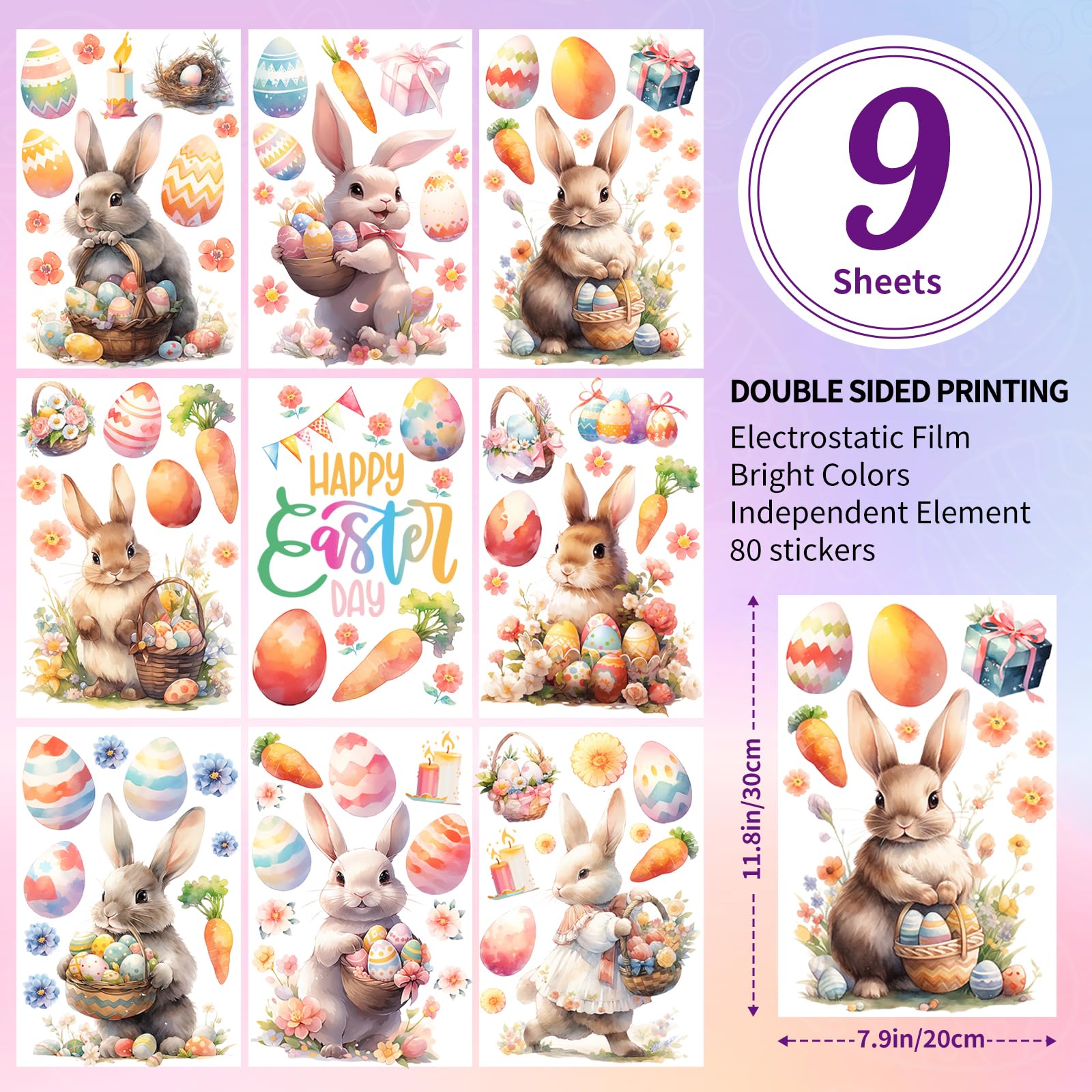 Happy Easter Bunny Rabbit Window Clings, Decoraciones de Pascua Pegatinas de Ventana Impresión de Doble Cara Juego de Caza de Huevos, Película Electrostática para Ventana de Pascua Adhesivos