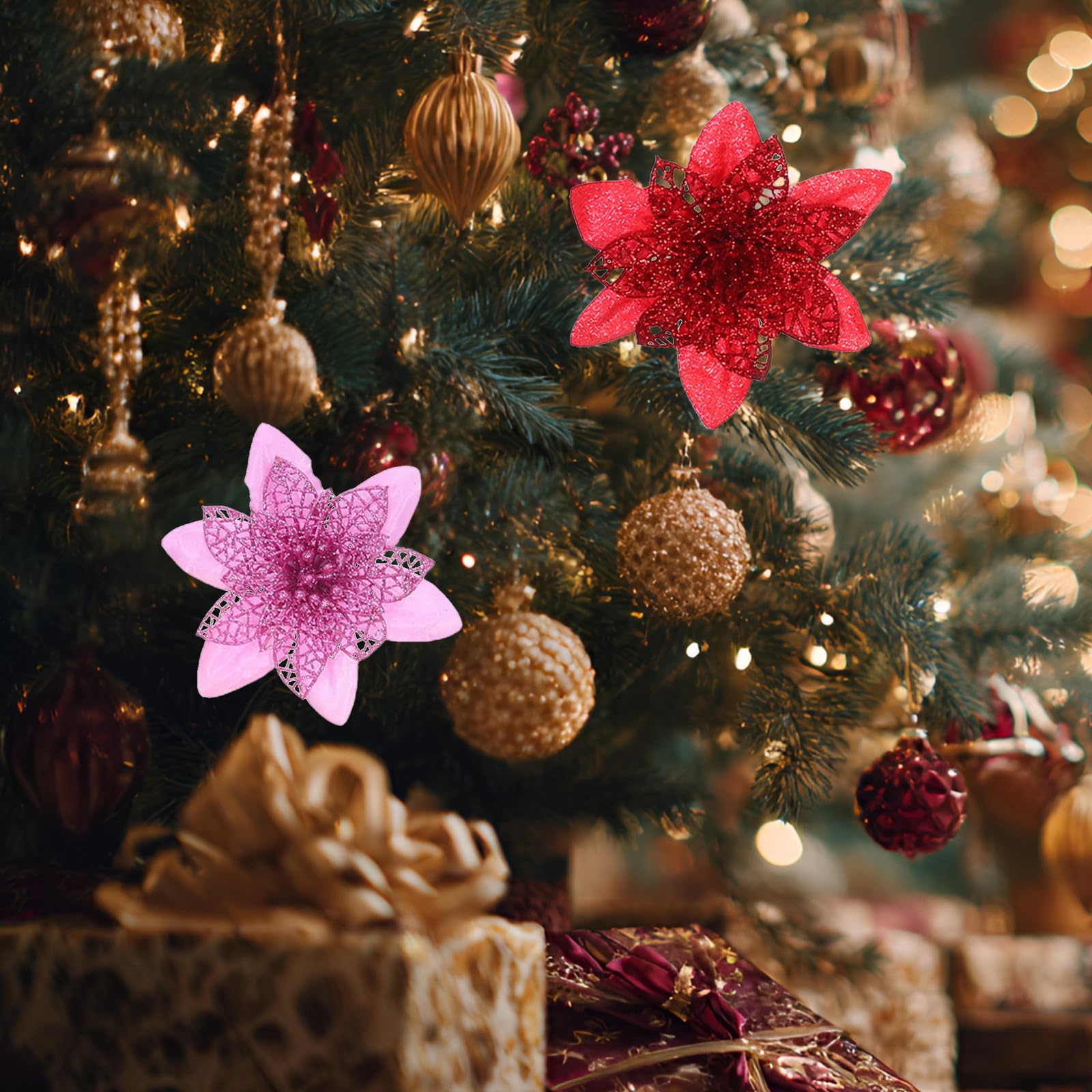 TOYANDONA 100 Unidades Flor de Navidad Artificial para Árbol y Coronas,