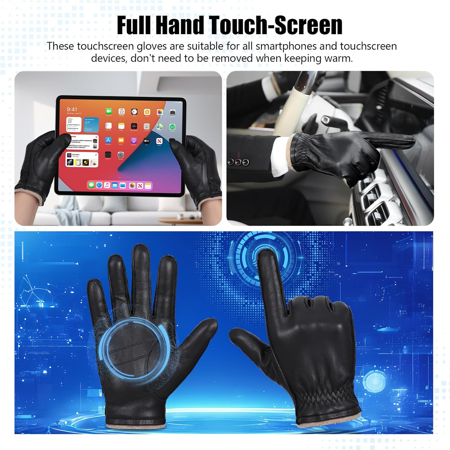 GSG leather gloves for men Sheepskin Classic Driving Gloves Winter Touchscreen Wool Lined Warm Gloves - Image 3