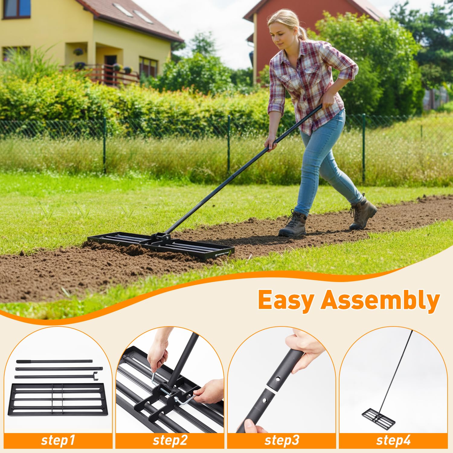 Rastrillo nivelador de césped de 30 pulgadas con rodillo suave y 4 ruedas con pinchos, herramienta niveladora de suelo resistente de 6.5 pies para patio, campo de golf, alisado de césped